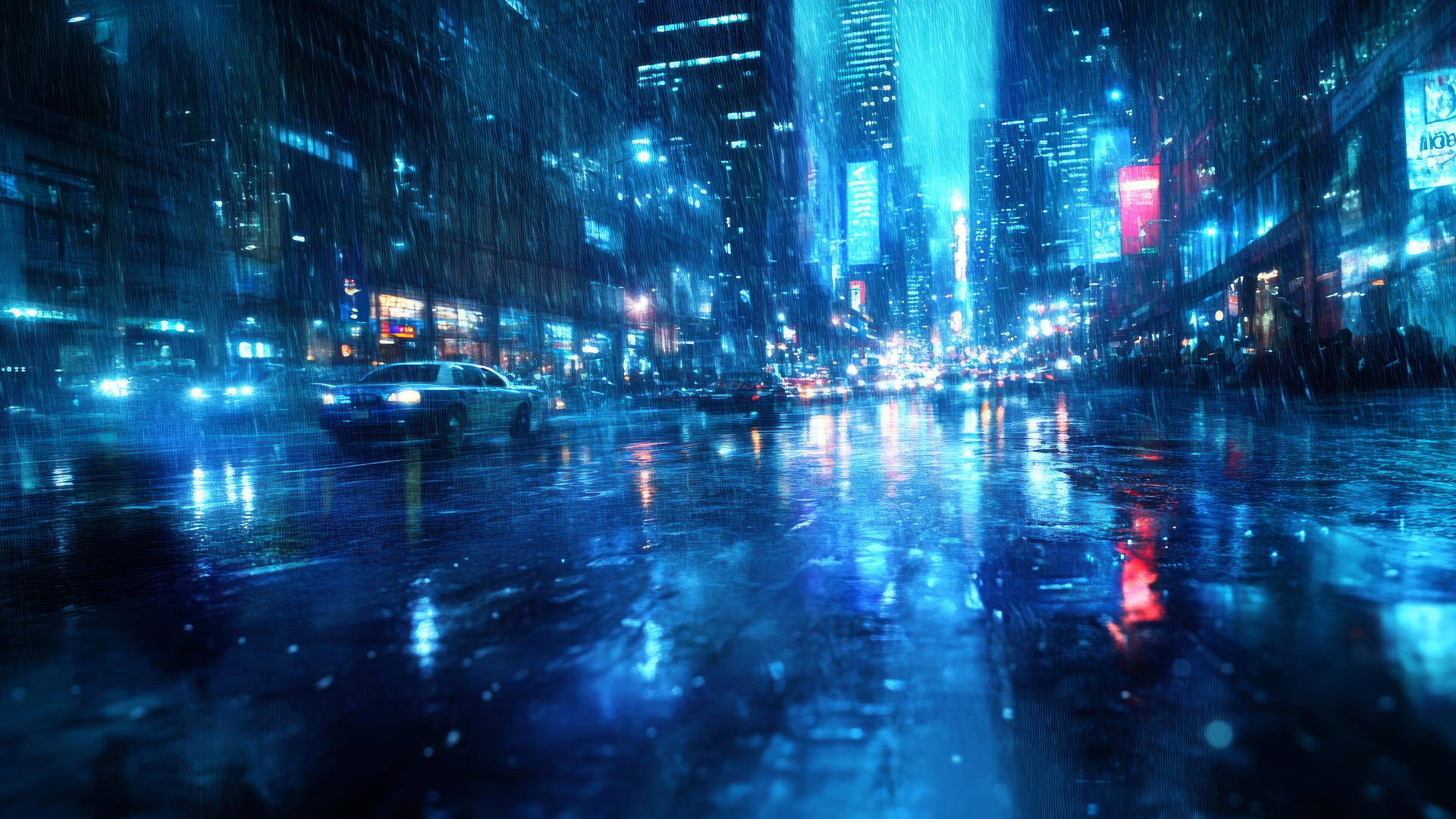 wallpaper blue rainy city street with reflected lights and buildings on wet pavement