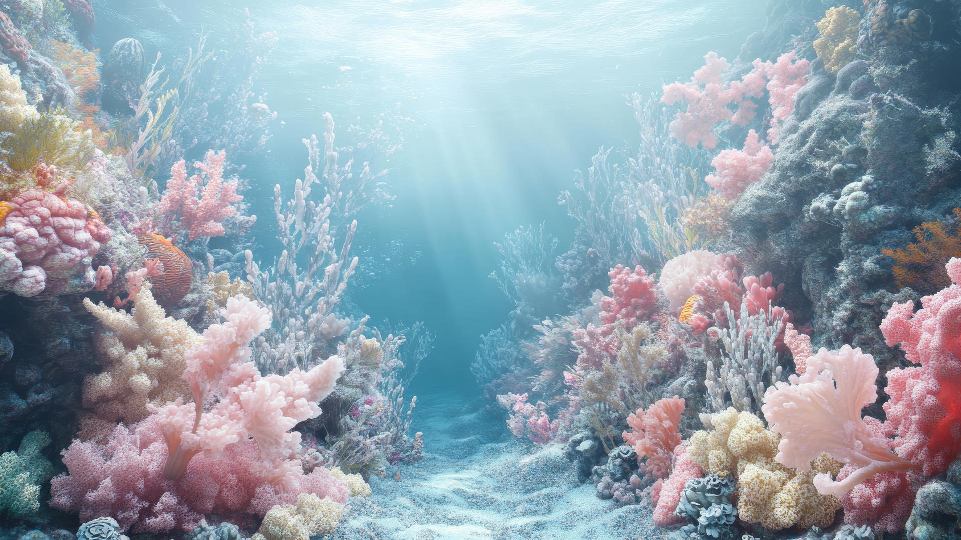 baby blue wallpaper with a fantasy coral reef scene and sea plants