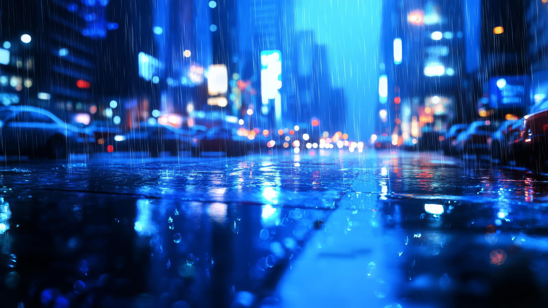 wallpaper blue rainy city street with light reflections