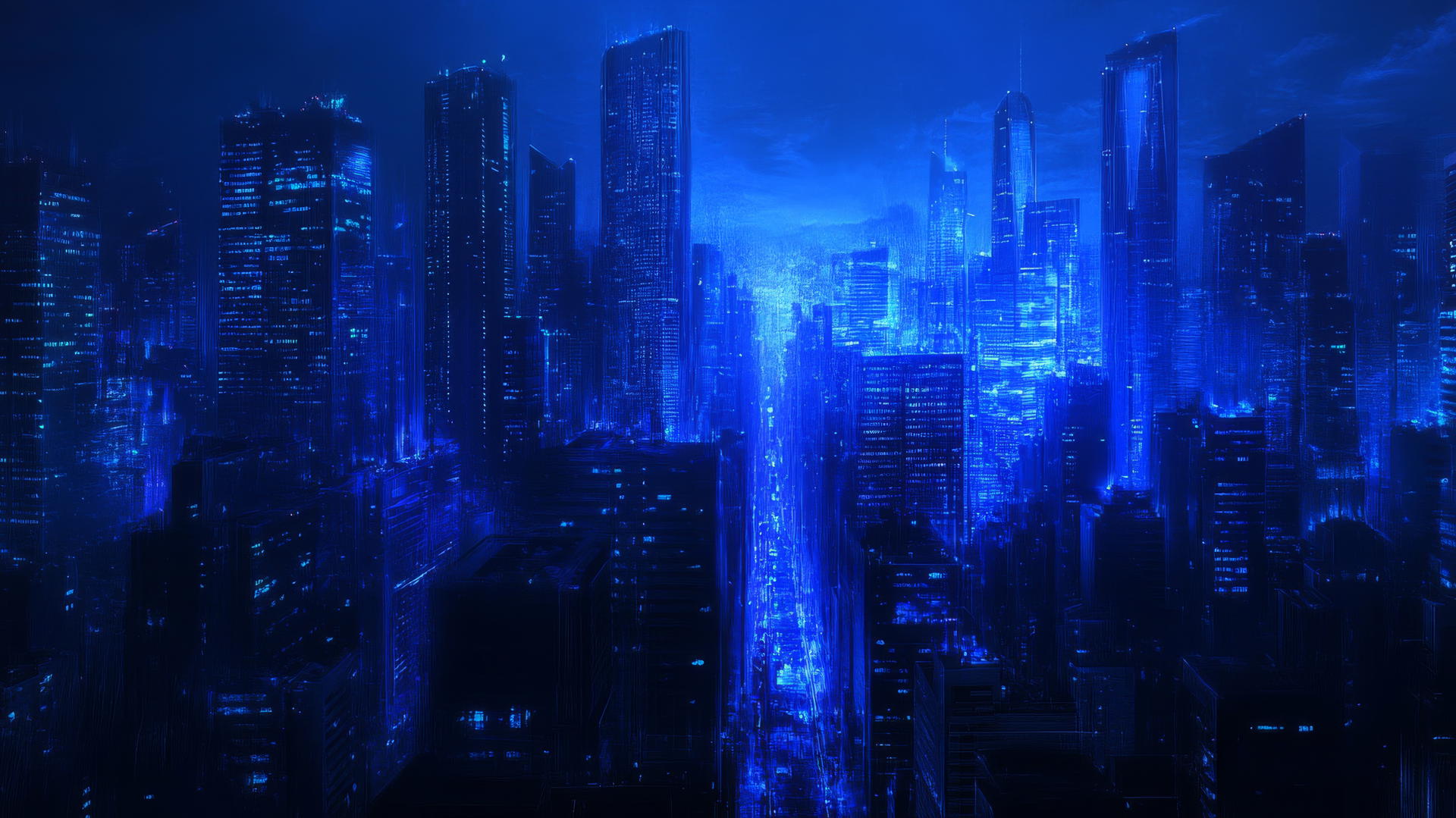 dark blue aesthetic wallpaper with cityscape at dusk, blue shadows and glow