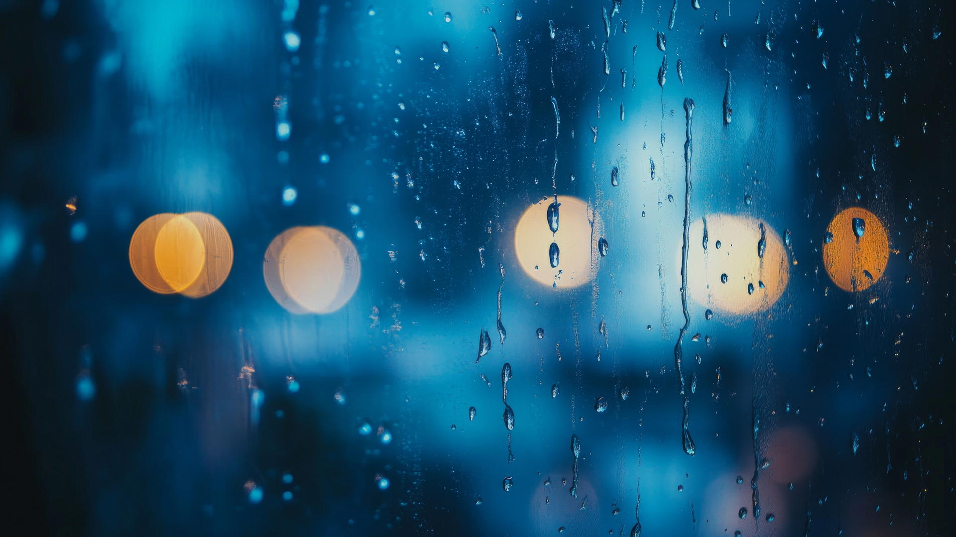 aesthetic blue wallpaper with gentle raindrops on window pane and blurred lights
