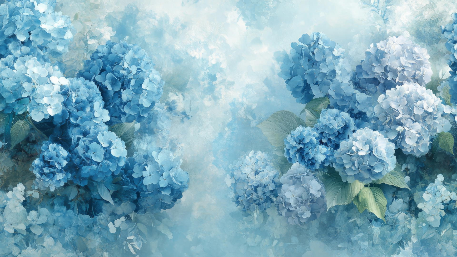 blue floral wallpaper with soft clusters of blue hydrangeas