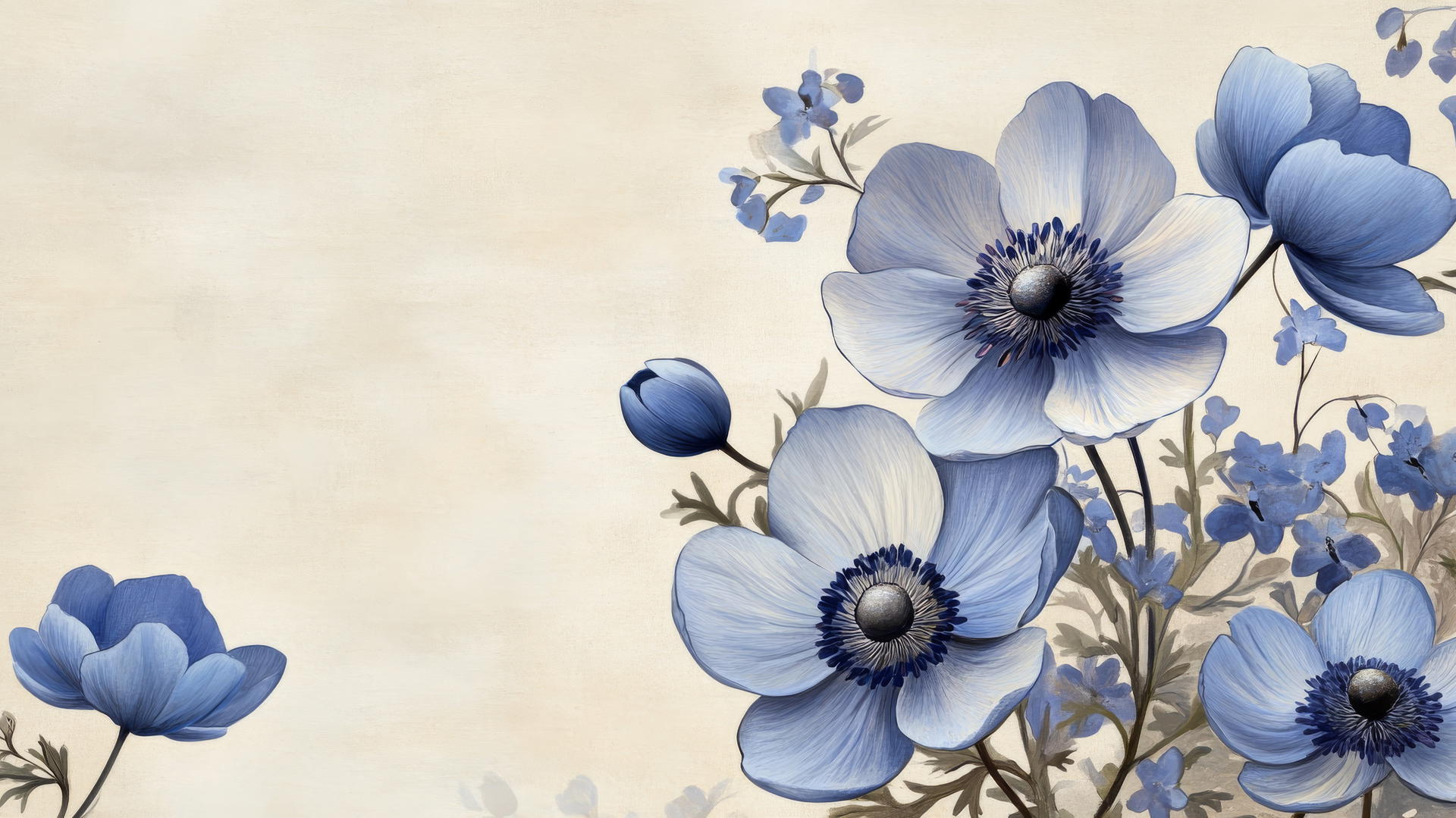 blue flower wallpaper with vintage botanical illustration of blue anemone flowers on parchment background