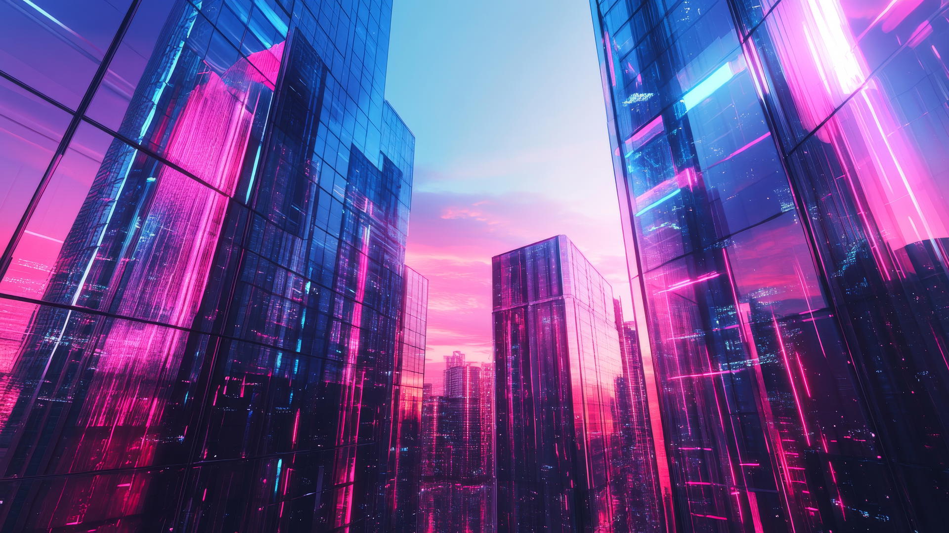pink and blue wallpaper featuring a modern cityscape with neon lights
