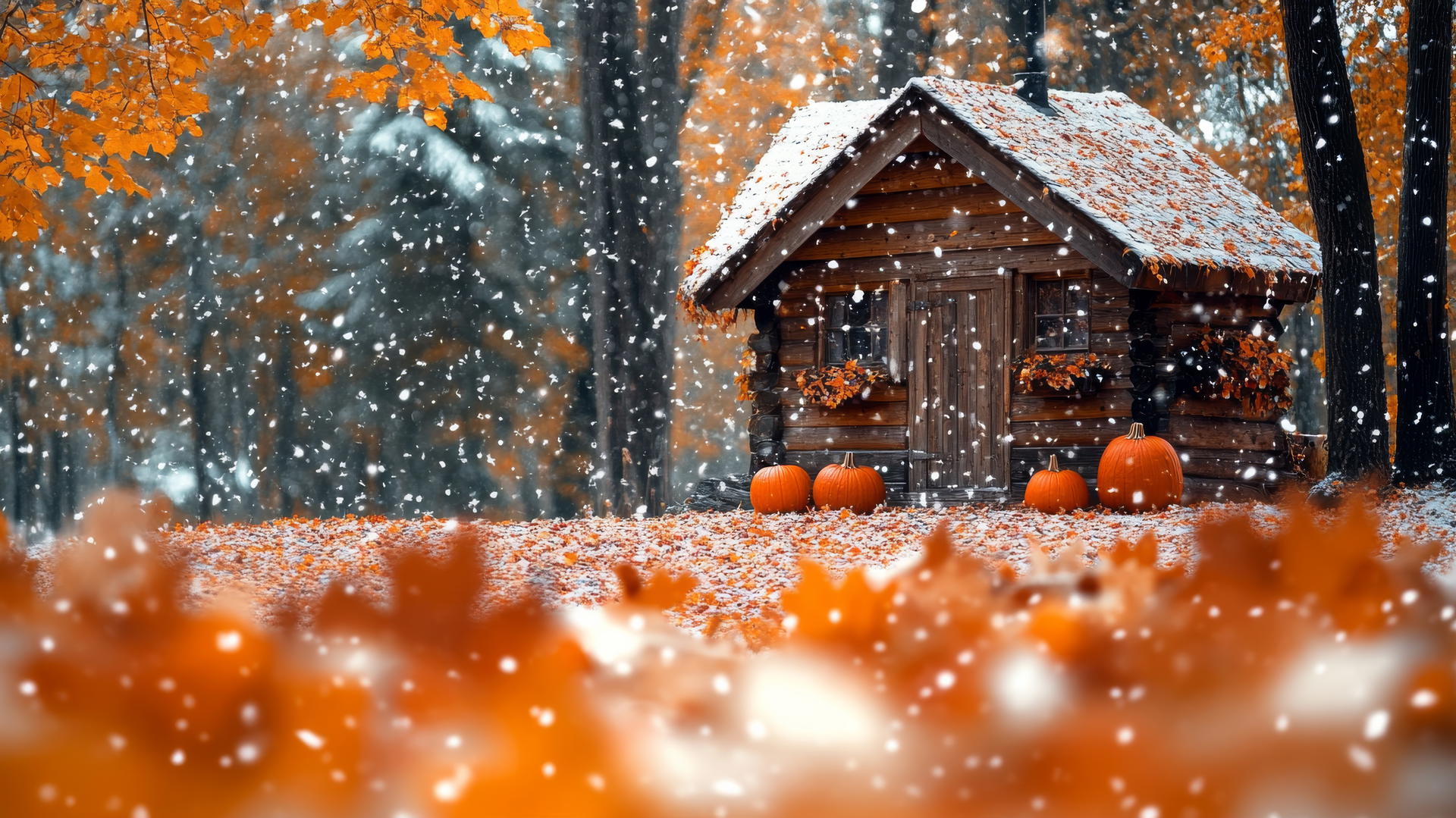 thanksgiving wallpaper cute cozy wooden cabin with pumpkins and fall leaves in light snow