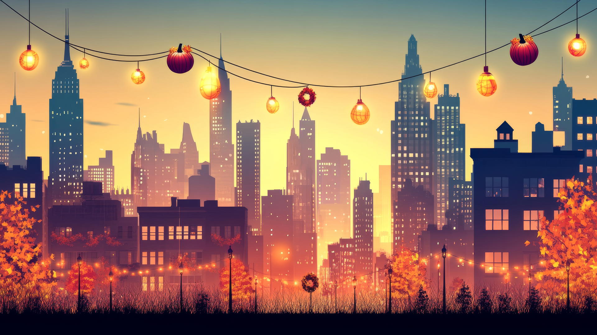 thanksgiving wallpaper featuring city skyline at sunset with lights, pumpkins, and fall wreaths