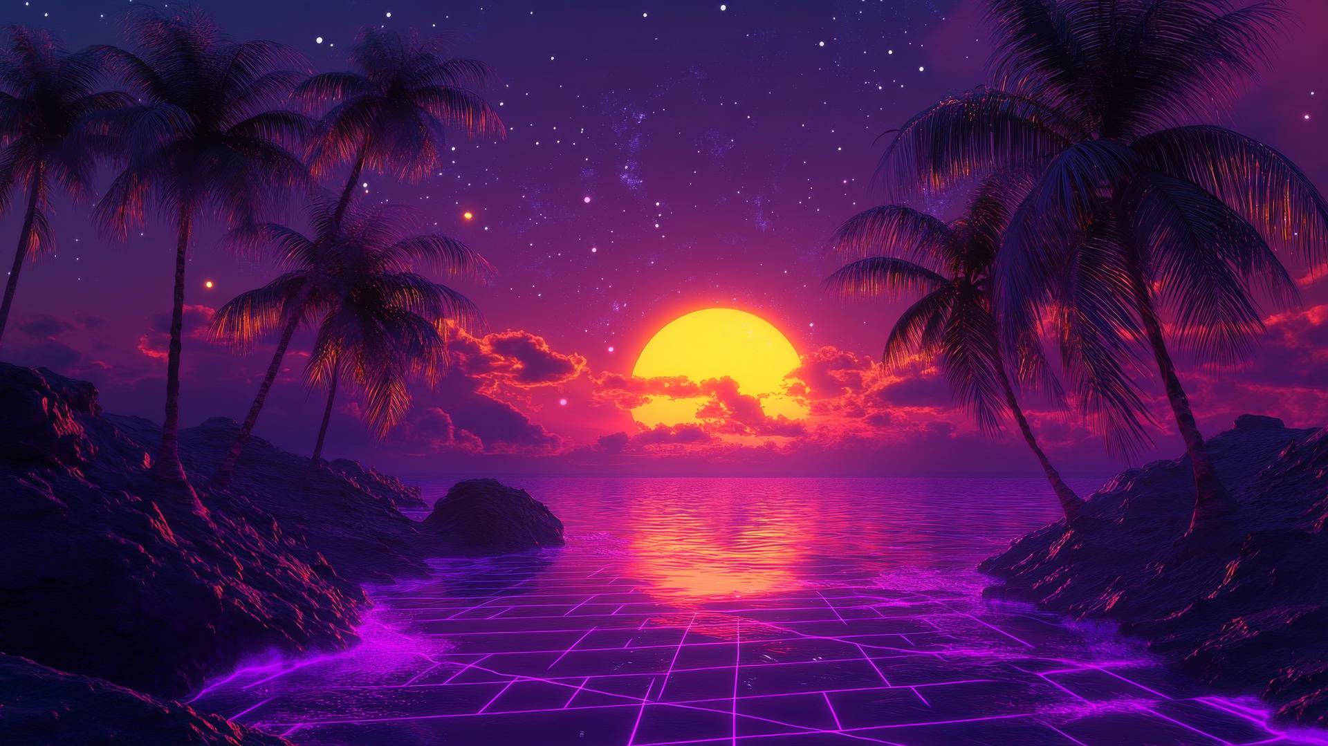 neon purple aesthetic wallpaper with palm trees and glowing gridlines