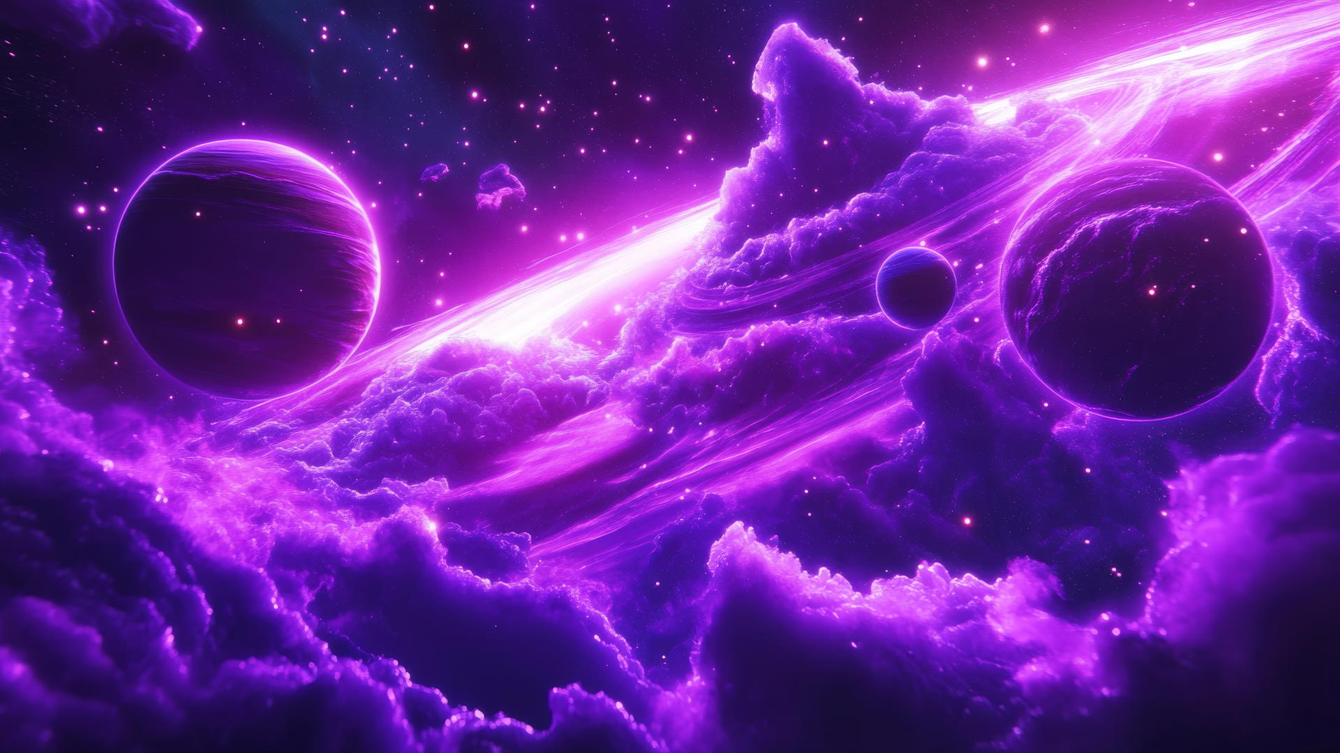 neon purple aesthetic wallpaper with galaxy, swirling stars, nebulae, and planets