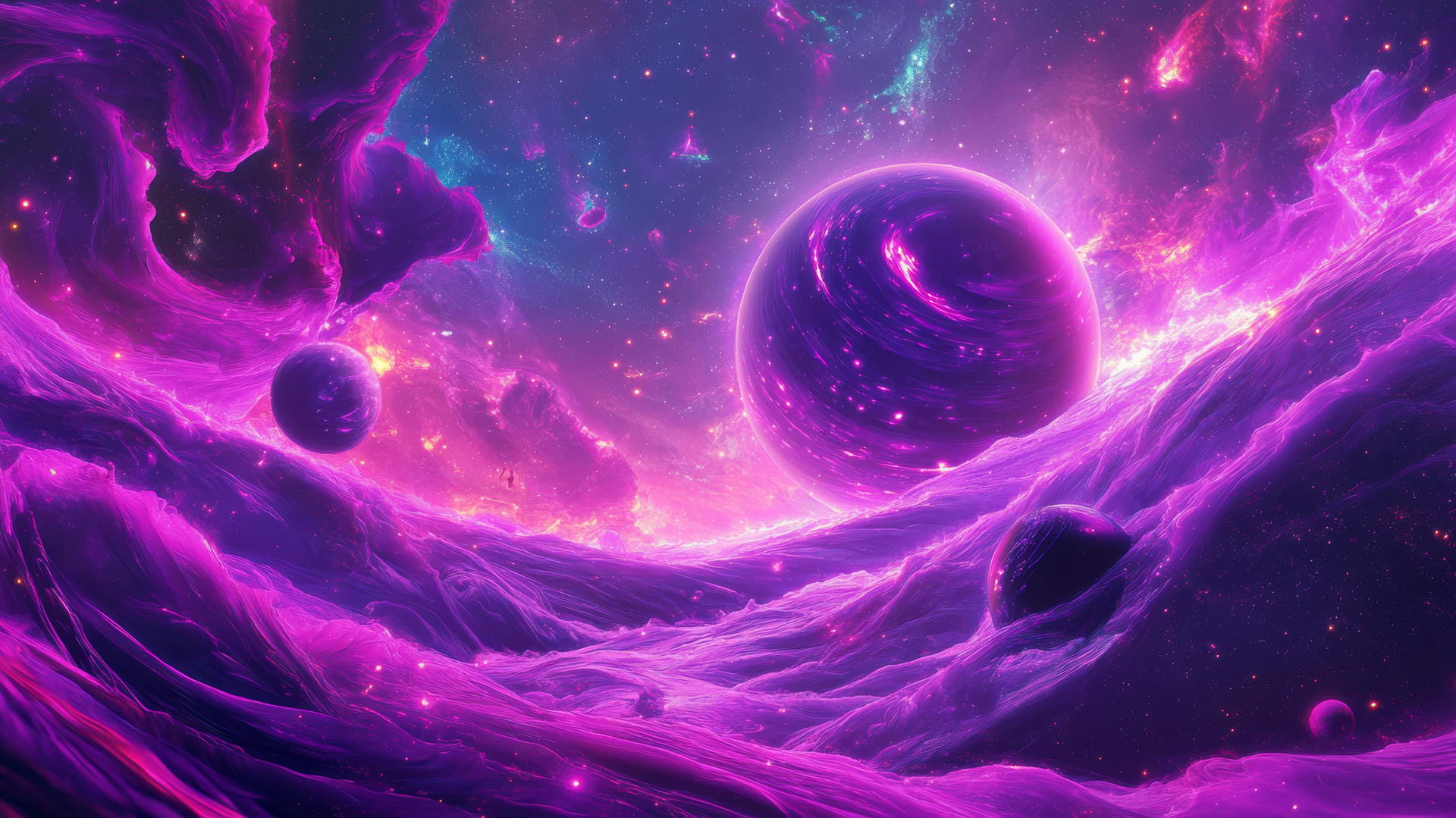 Neon purple aesthetic wallpaper with swirling stars, glowing nebulae, and distant planets