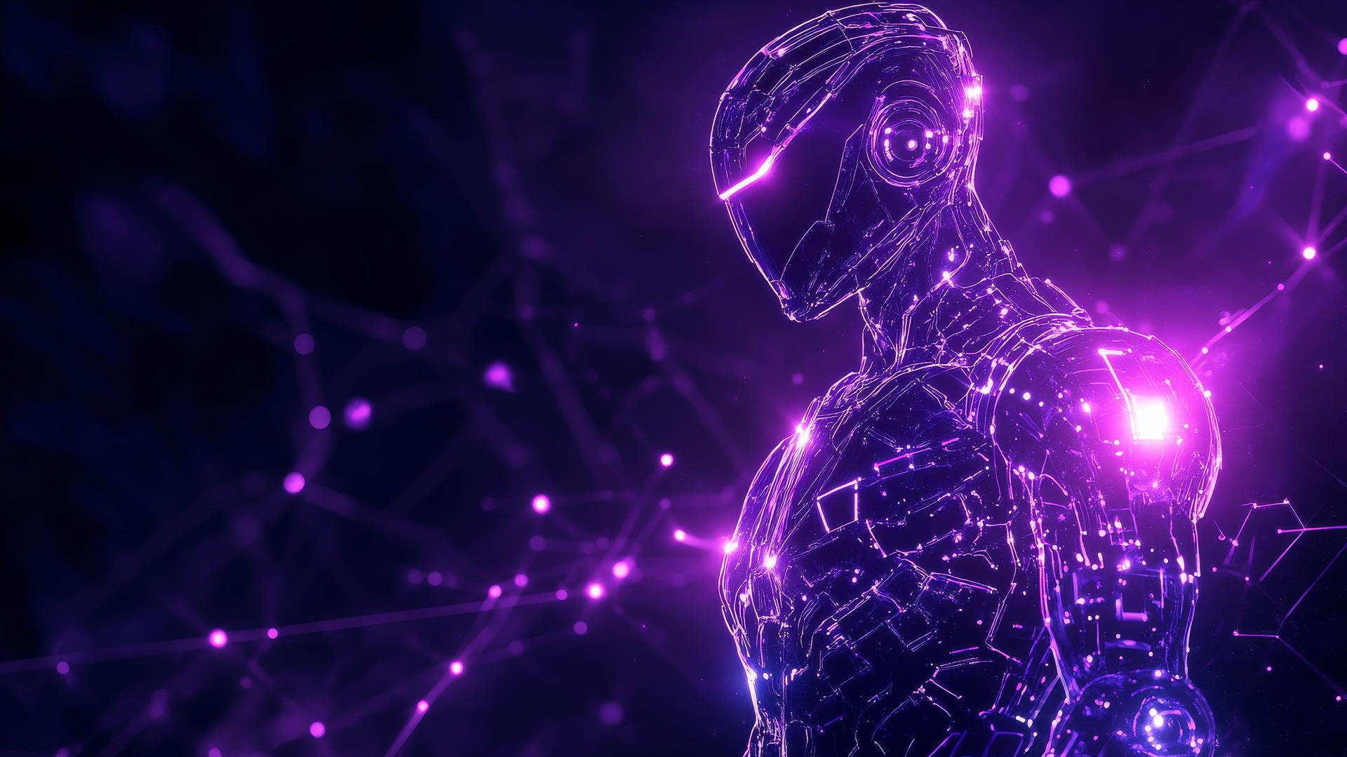 neon purple aesthetic wallpaper featuring a futuristic robot with glowing circuits