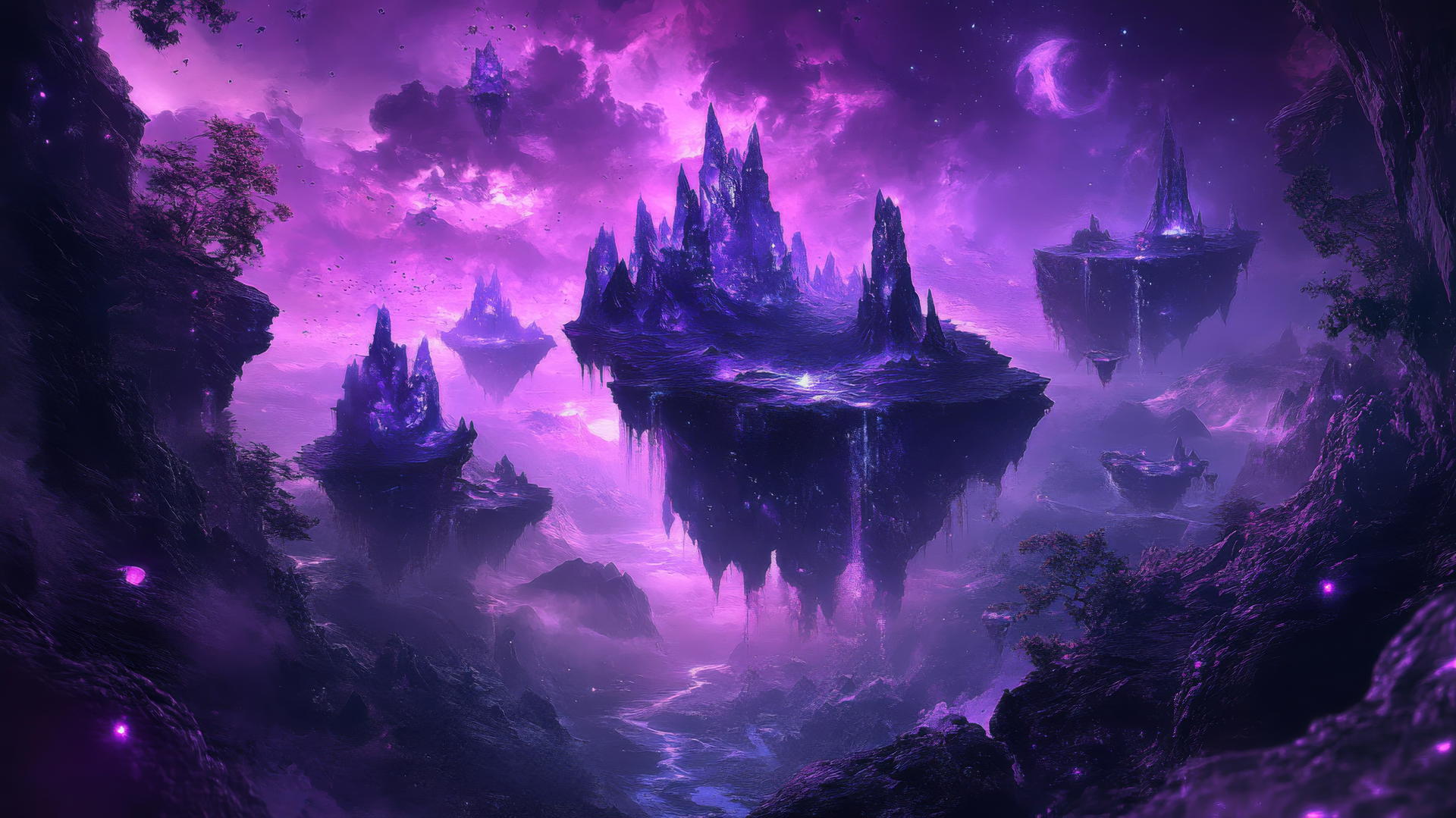 dark purple wallpaper with floating islands, glowing crystals, and swirling mist