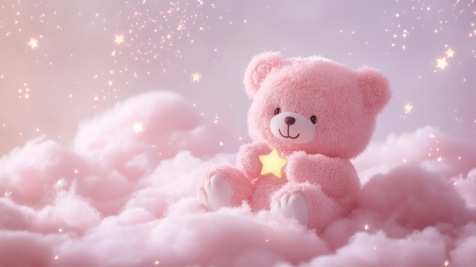 cute pink wallpaper with a kawaii bear holding a tiny star on a fluffy pink cloud with sparkles and lights