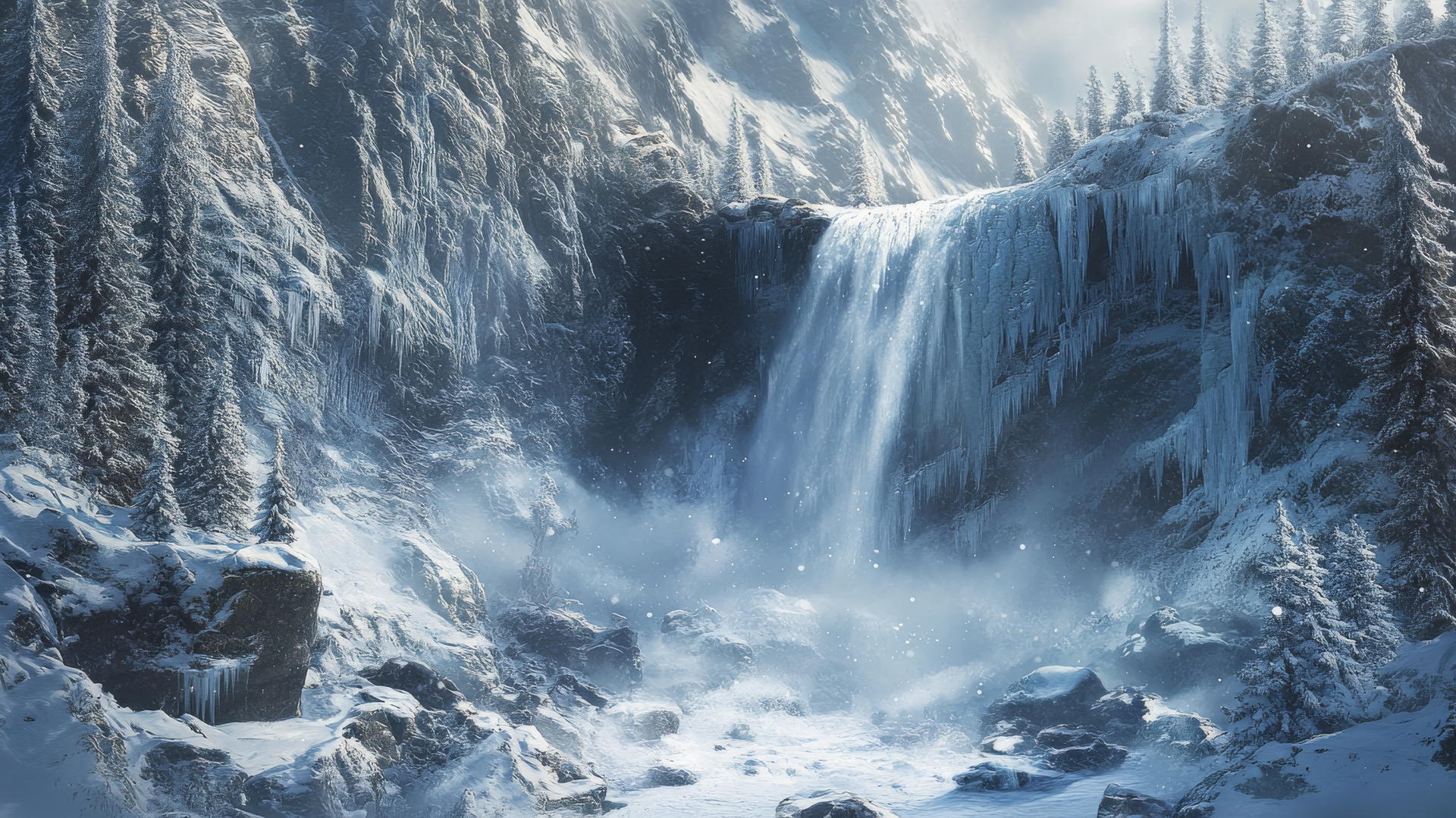 winter background wallpaper of a frozen waterfall cascading over icy rocks, with snow-covered pines and mist