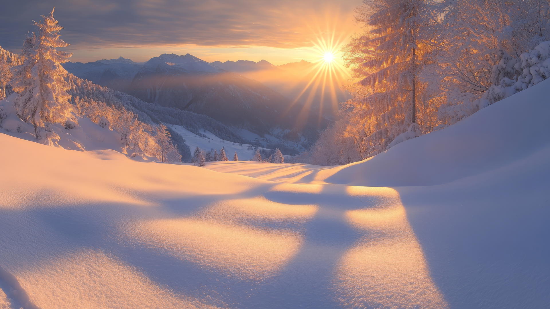beautiful winter wallpaper, sunrise over snow-covered valley with golden light and long shadows