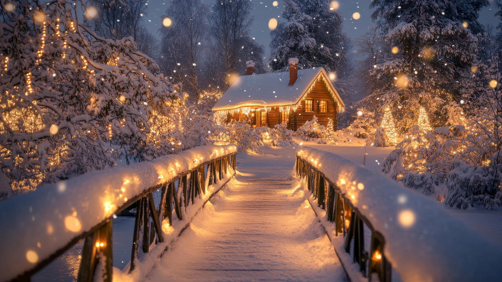 winter wonderland wallpaper with snowy bridge, cozy cabin, and twinkling lights