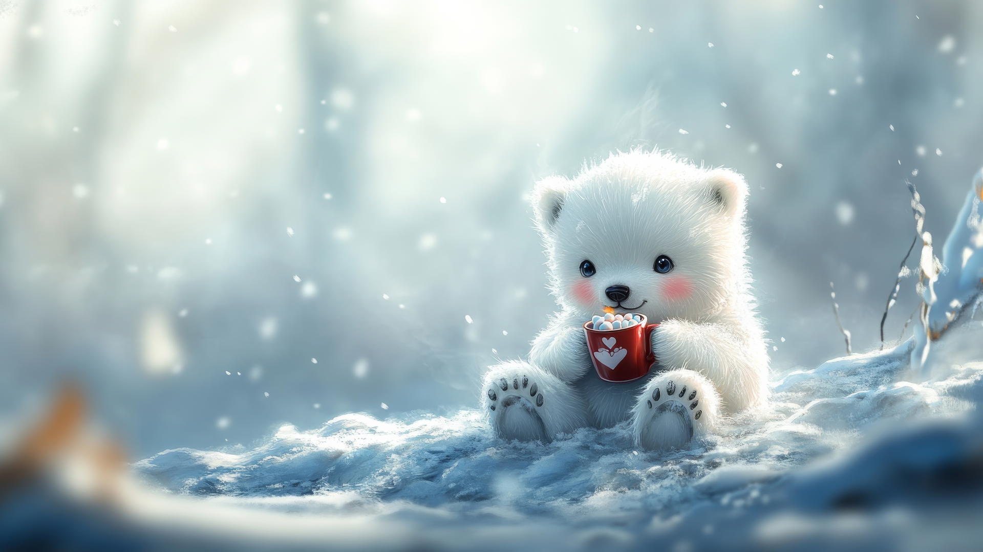 Chubby polar bear cub with hot cocoa in snow, cute winter wallpaper