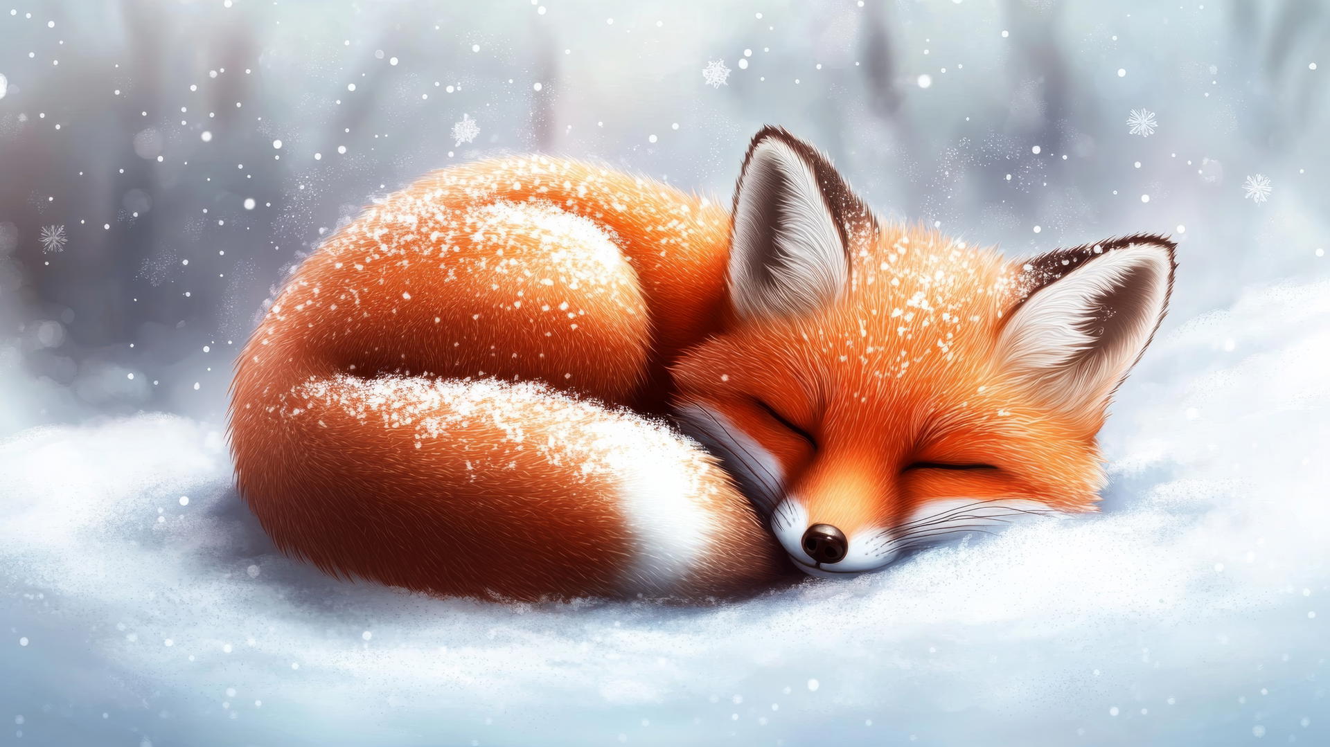 cute winter wallpaper with a sleepy fox curled in snow, snowflakes on fur