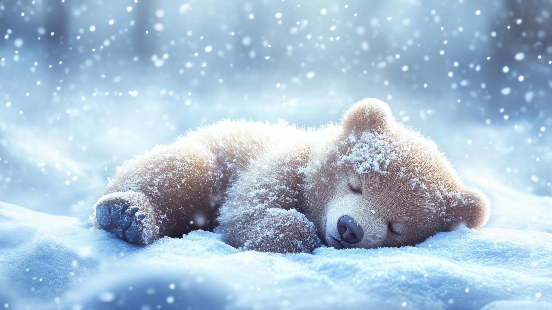 a cute, sleepy bear curled up in the snow with snowflakes settling on its fur, cute winter wallpaper