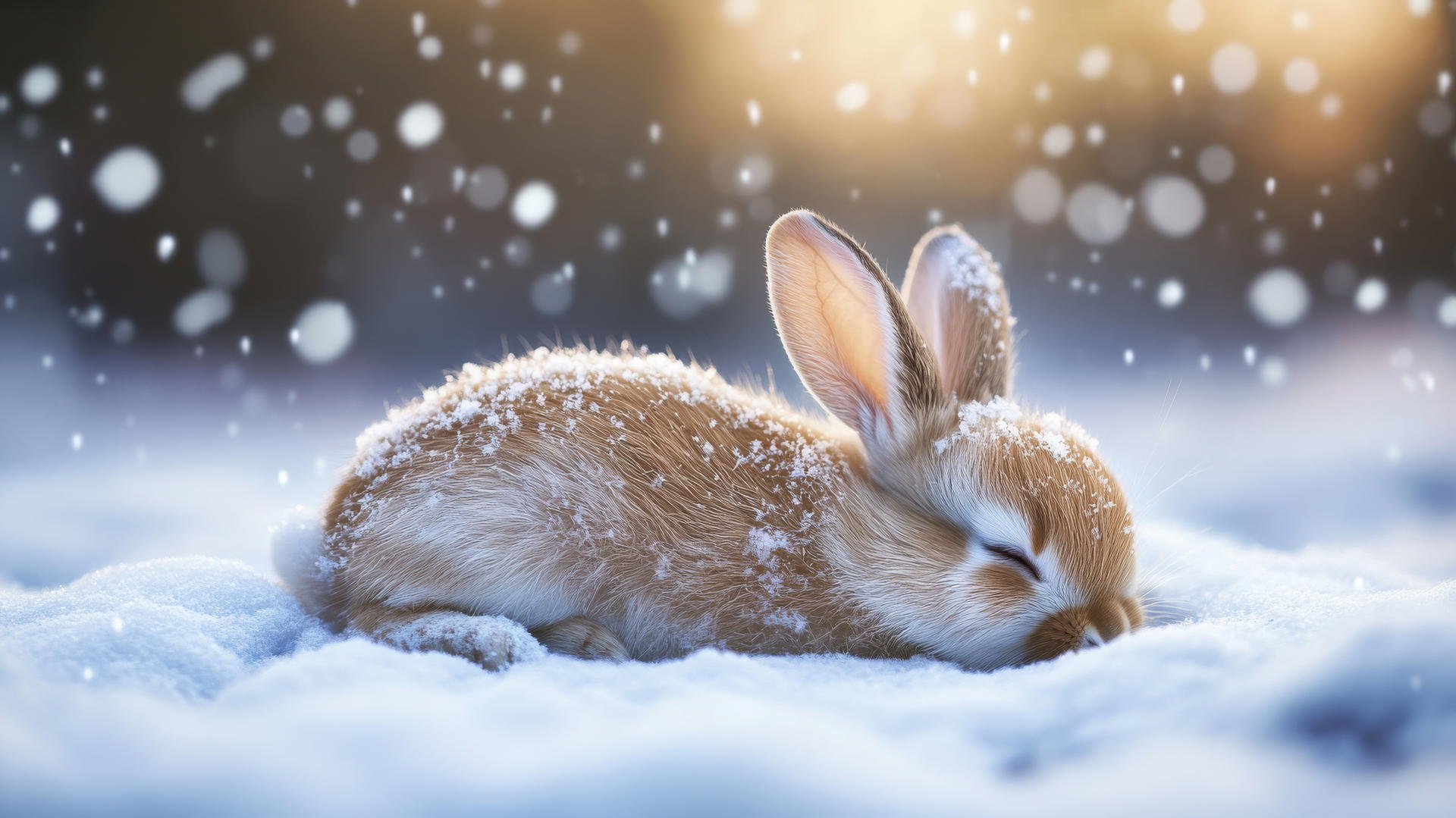 cute winter wallpaper with a sleepy bunny curled up in the snow, snowflakes on its fur