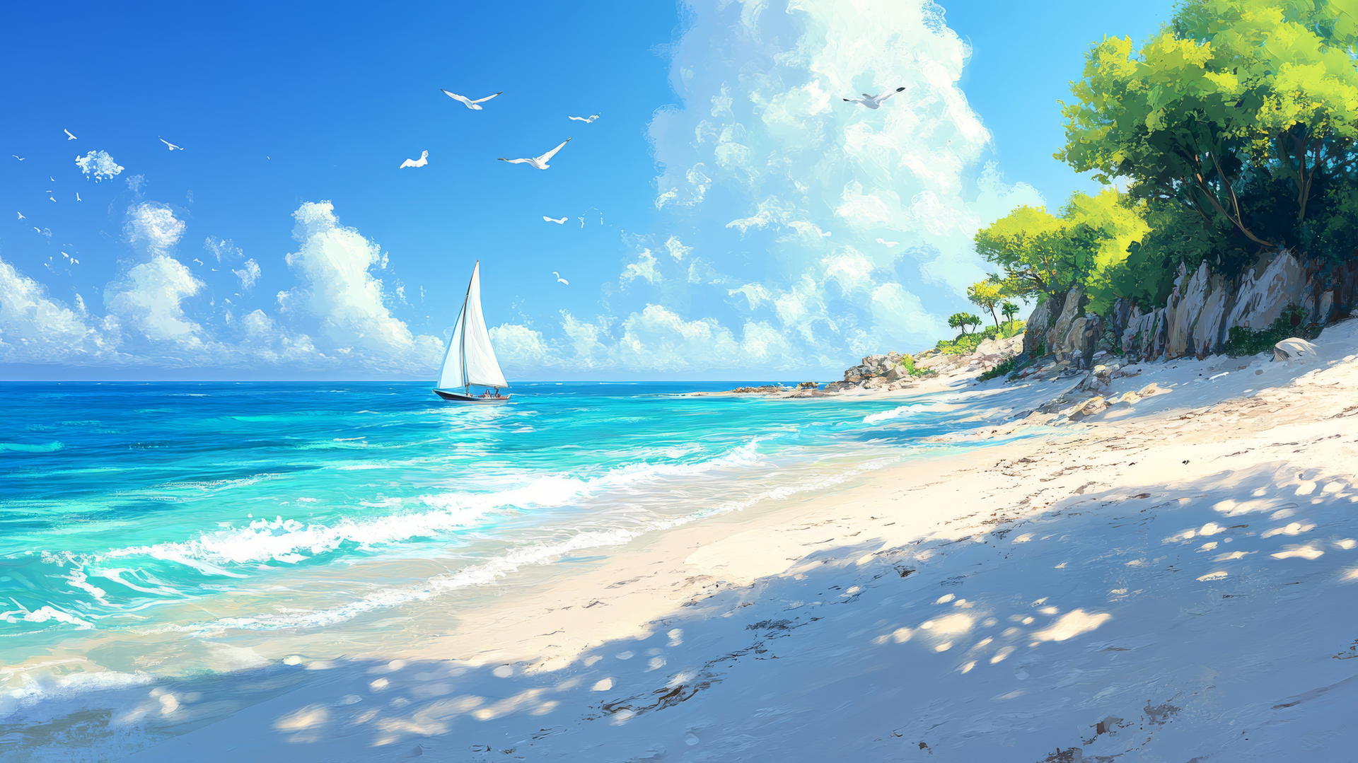 Vibrant beach wallpaper with turquoise water, white sand, seagulls, and sailboat