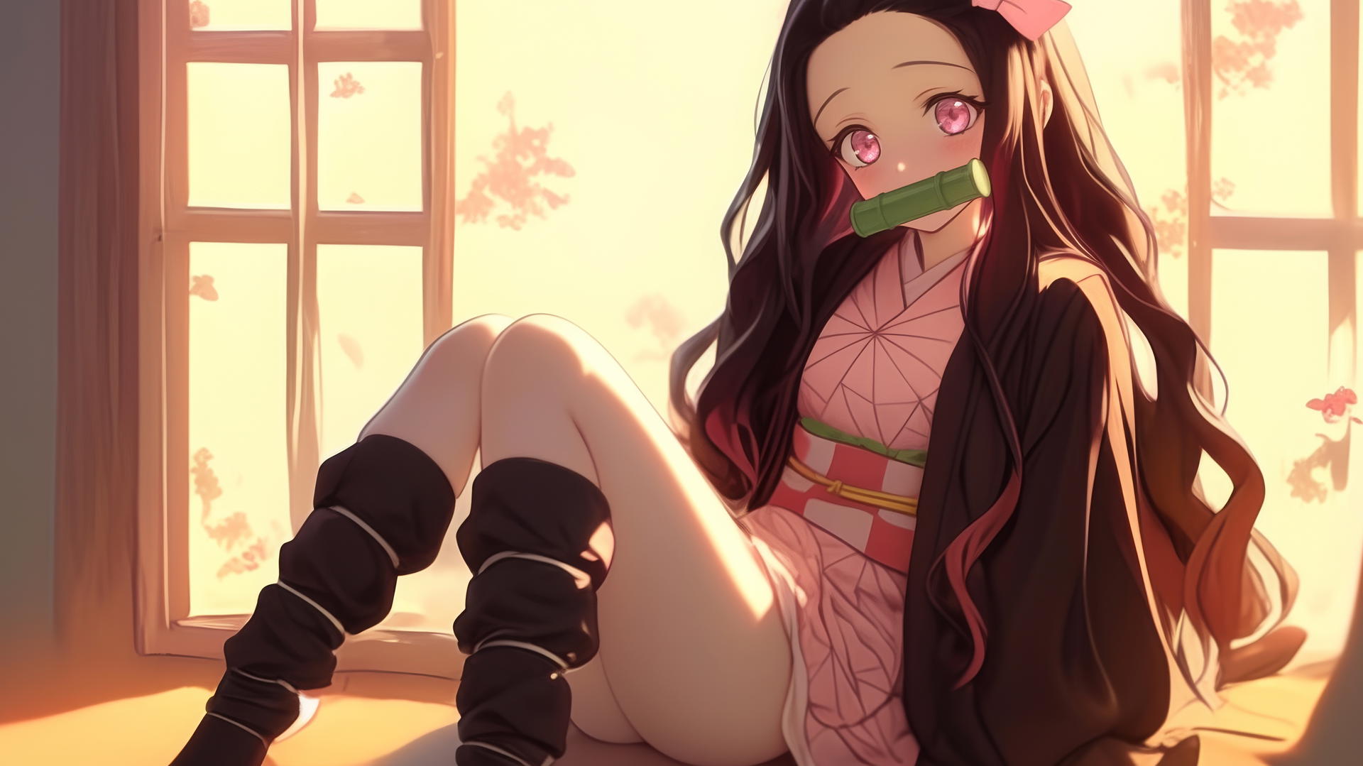 Demon Slayer wallpaper Nezuko, sitting in a sunny apartment with warm light.