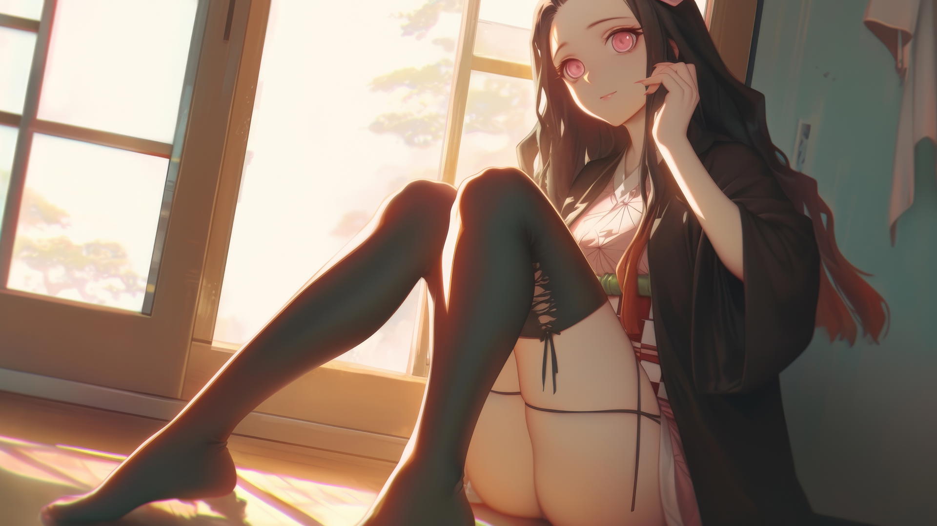 demon slayer wallpaper featuring Nezuko sitting in a sunny apartment with warm light.