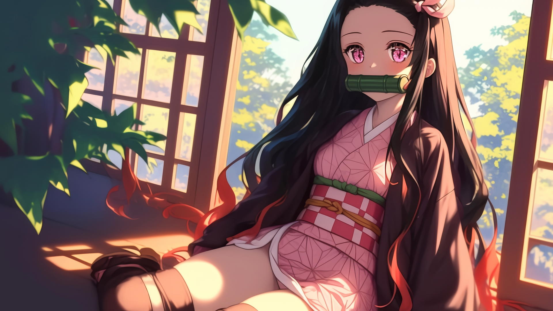 demon slayer wallpaper of Nezuko sitting in a sunny apartment