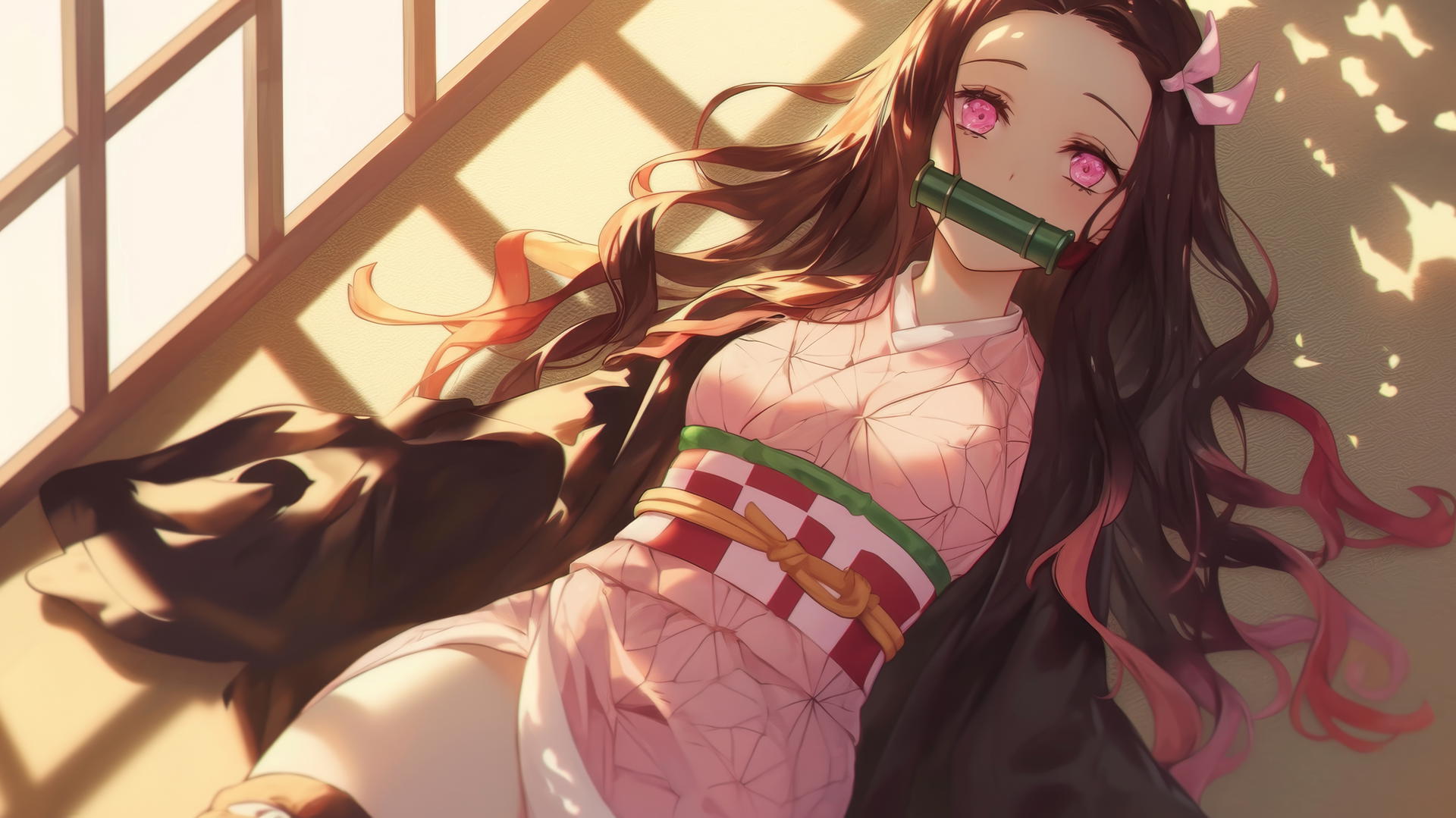 Nezuko from Demon Slayer, sitting in a sunny apartment with a soft glow.