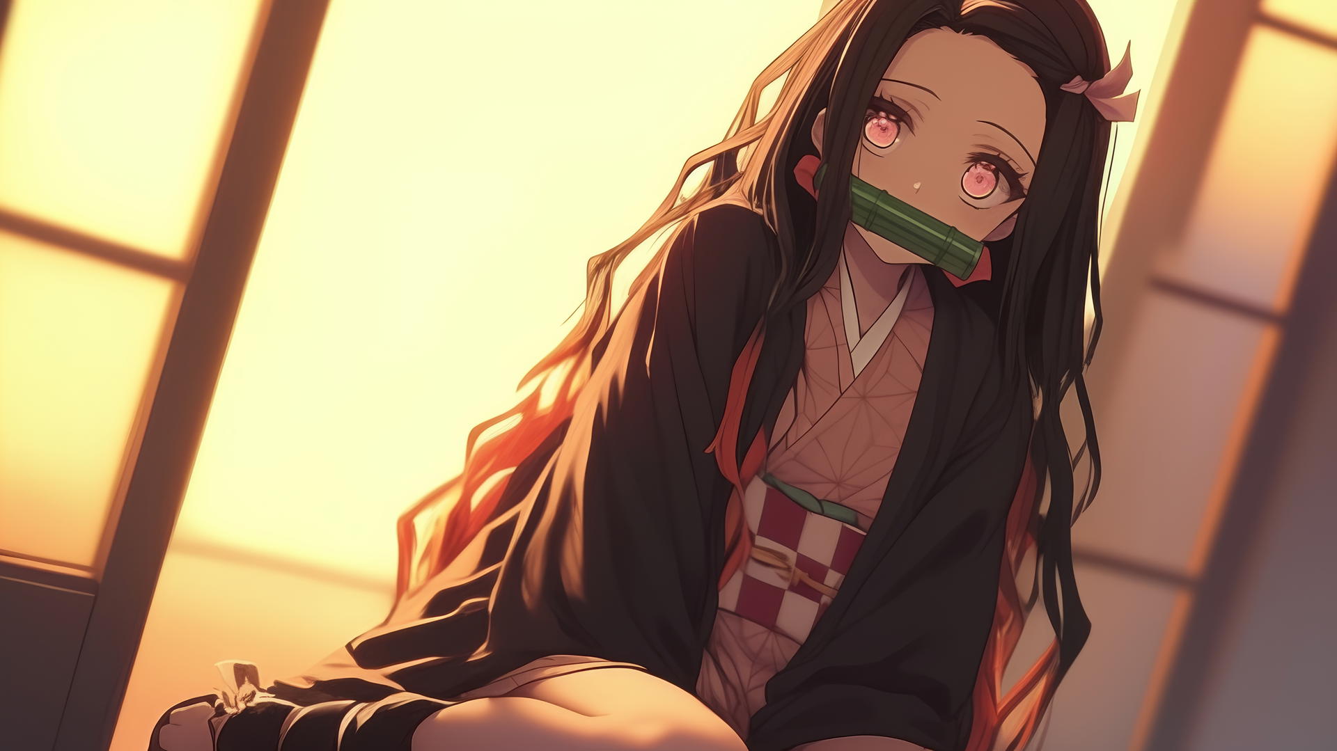 Nezuko from Demon Slayer sitting in sunny apartment, warm light glowing