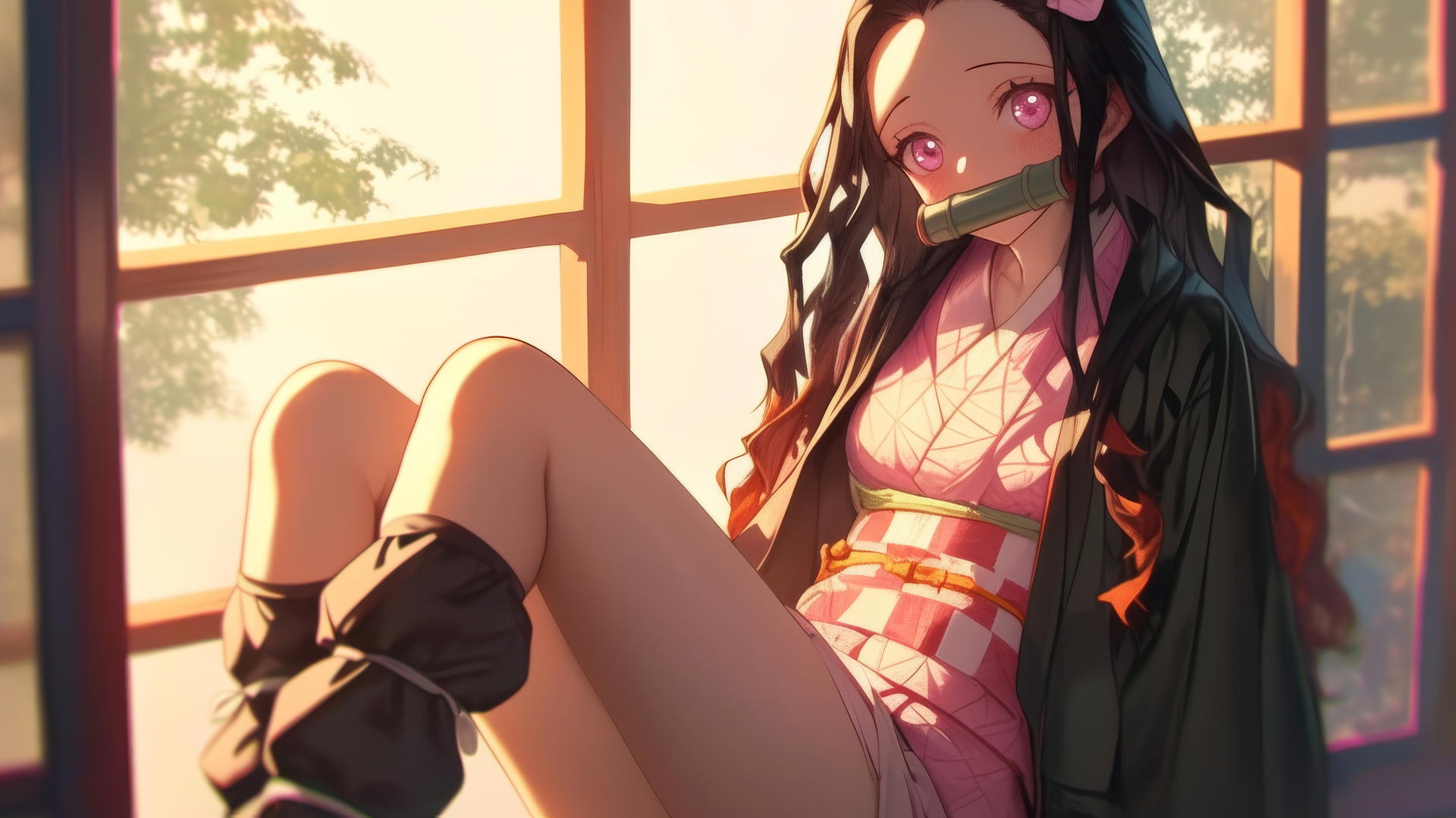 Demon Slayer wallpaper of Nezuko sitting in a sunny apartment with soft glow