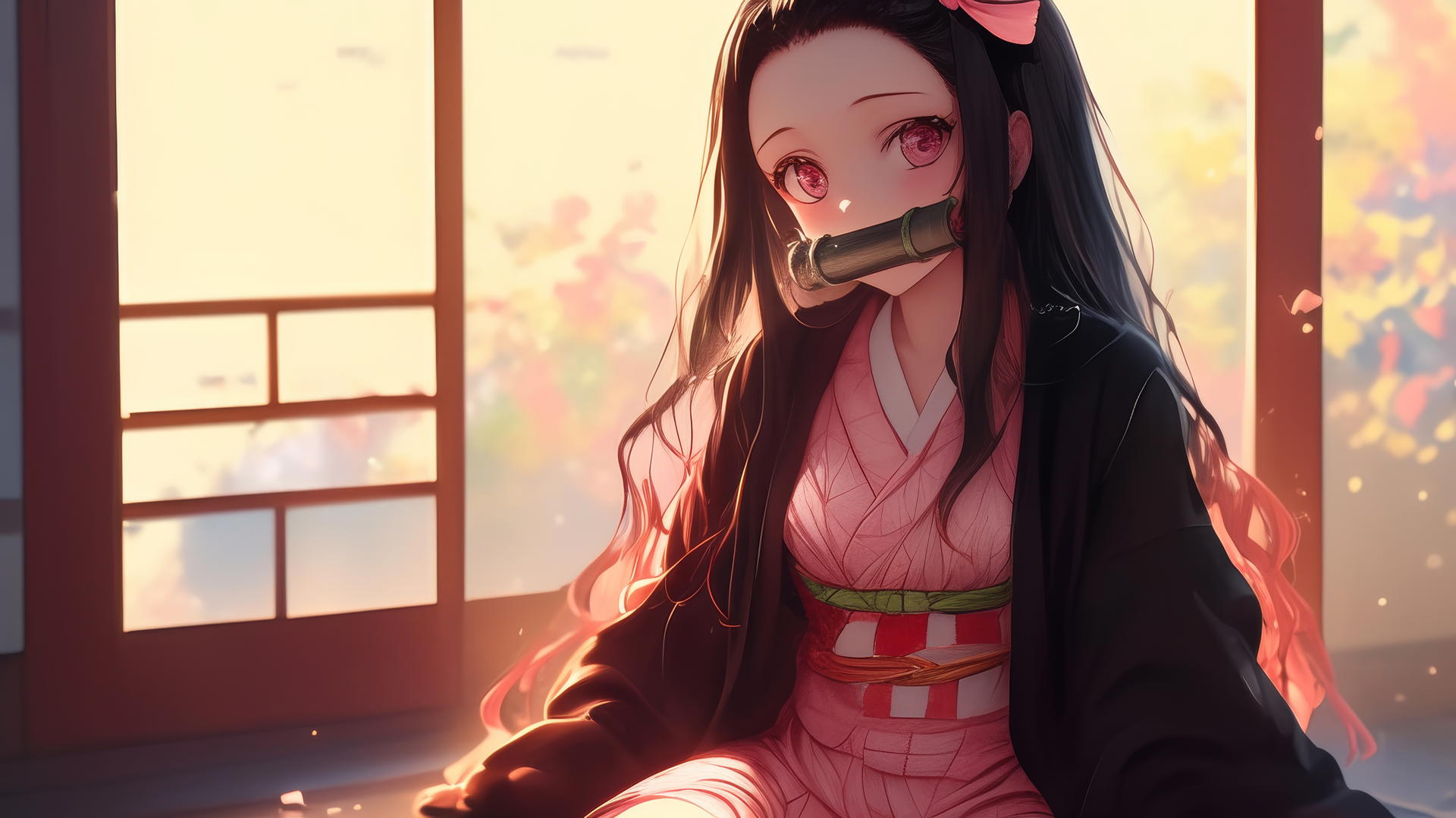 Demon Slayer wallpaper of Nezuko sitting in a sunny apartment with a soft glow
