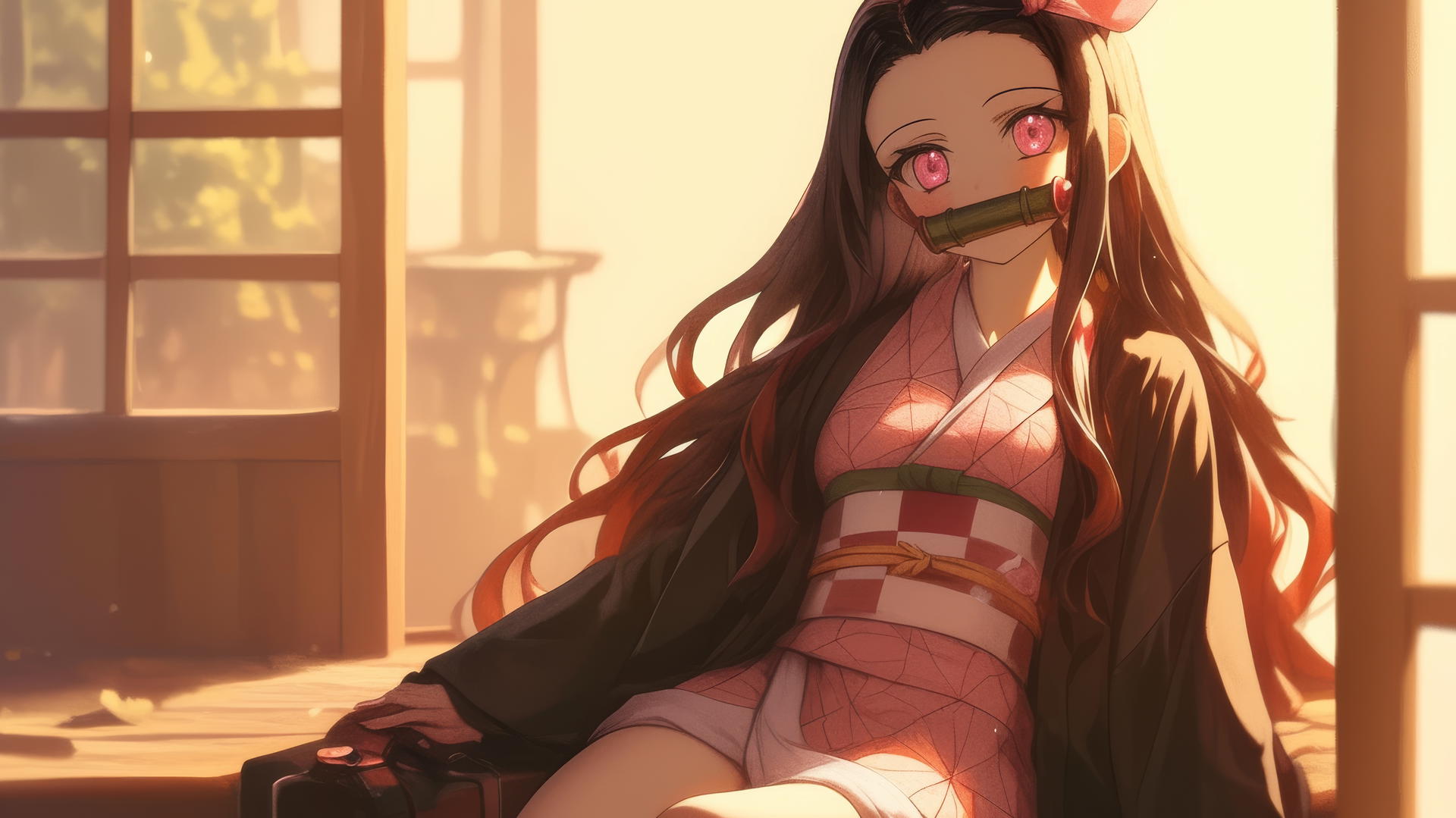 Nezuko from Demon Slayer in a sunny apartment with pale pink eyes