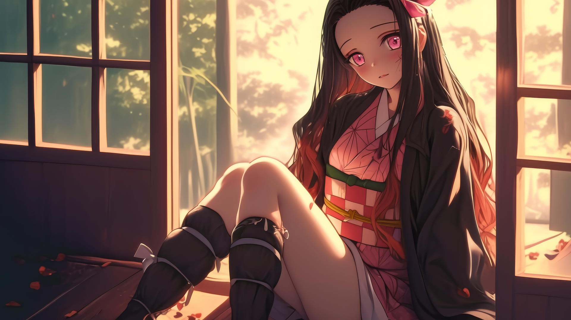 nezuko from Demon Slayer sitting in a sunny apartment, soft warm light demon slayer wallpaper
