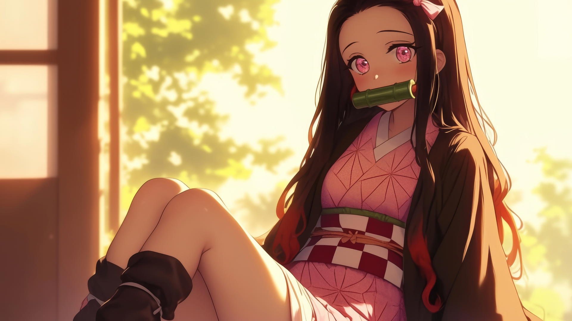 nezuko from Demon Slayer sitting in sunny apartment, warm light, demon slayer wallpaper