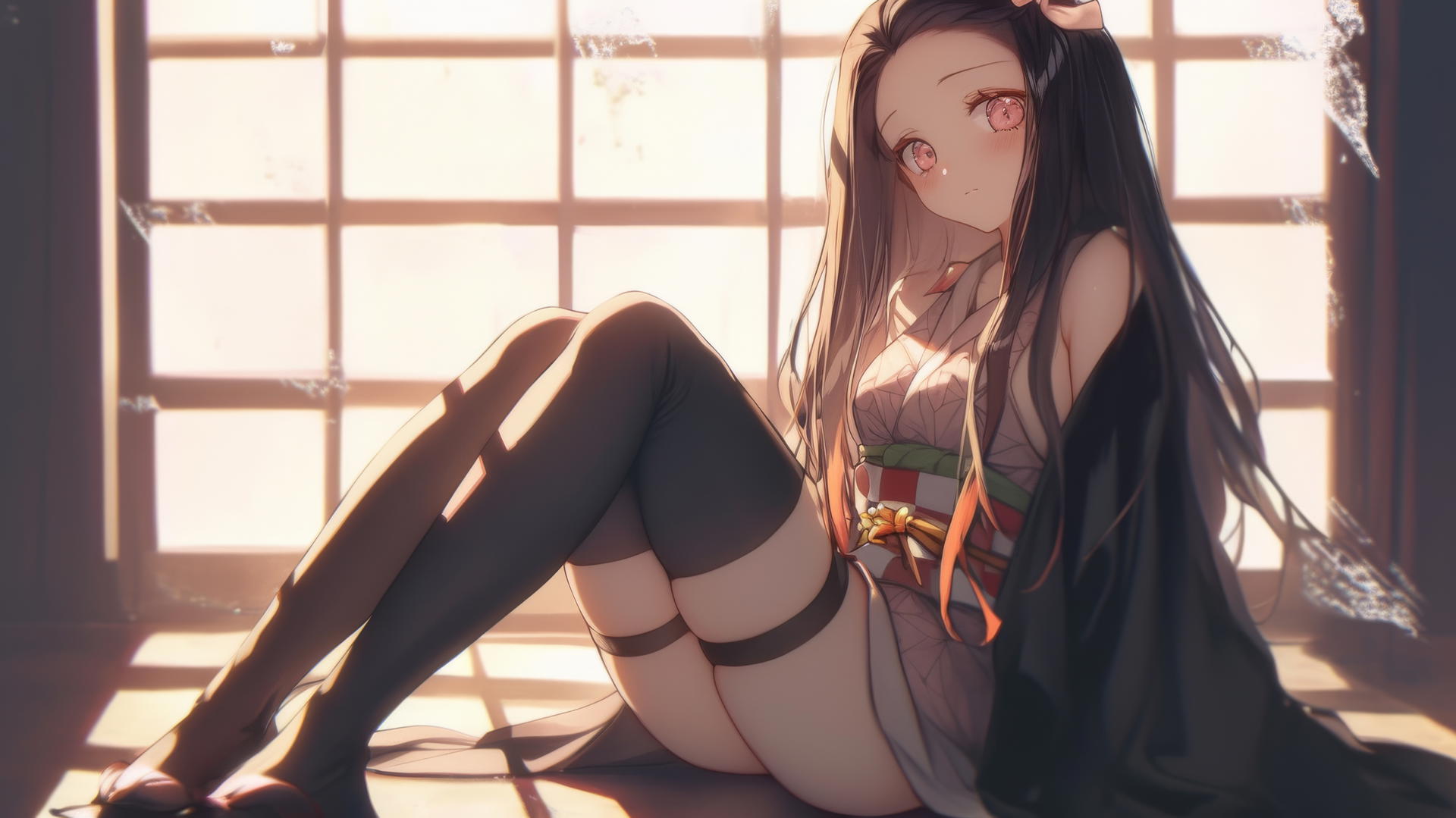 nezuko from Demon Slayer sitting in a sunny apartment, warm light on her, demon slayer wallpaper
