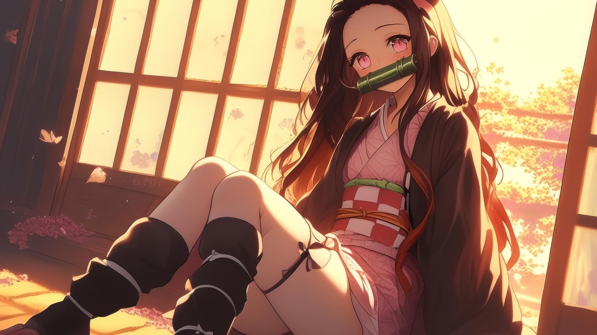 Nezuko from Demon Slayer in a sunny apartment, warm light glowing on her