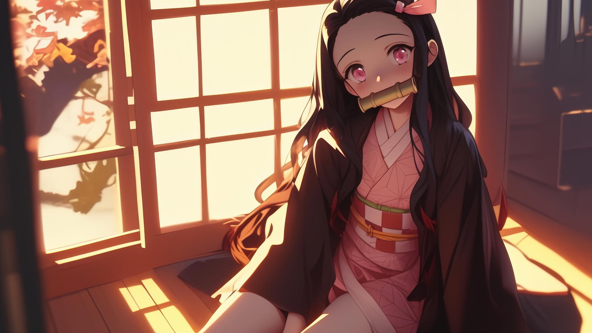 Demon Slayer wallpaper of Nezuko sitting in a sunny apartment with pale pink eyes