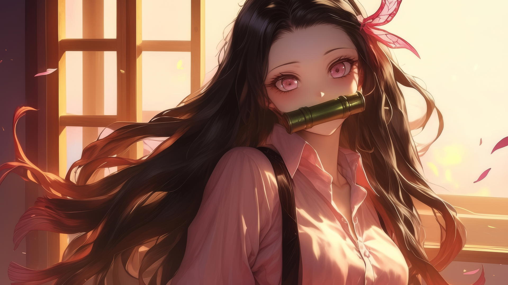 demon slayer wallpaper: Nezuko in an office shirt at sunrise in a modern apartment