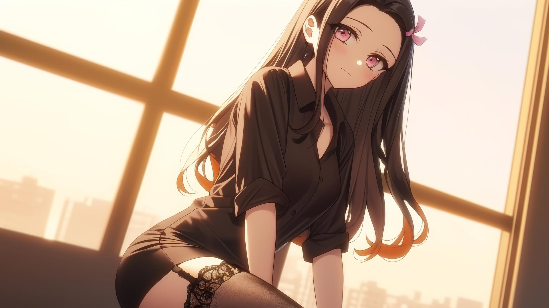 Nezuko from Demon Slayer in office shirt kneeling in modern hotel room, warm light glowing - demon slayer wallpaper