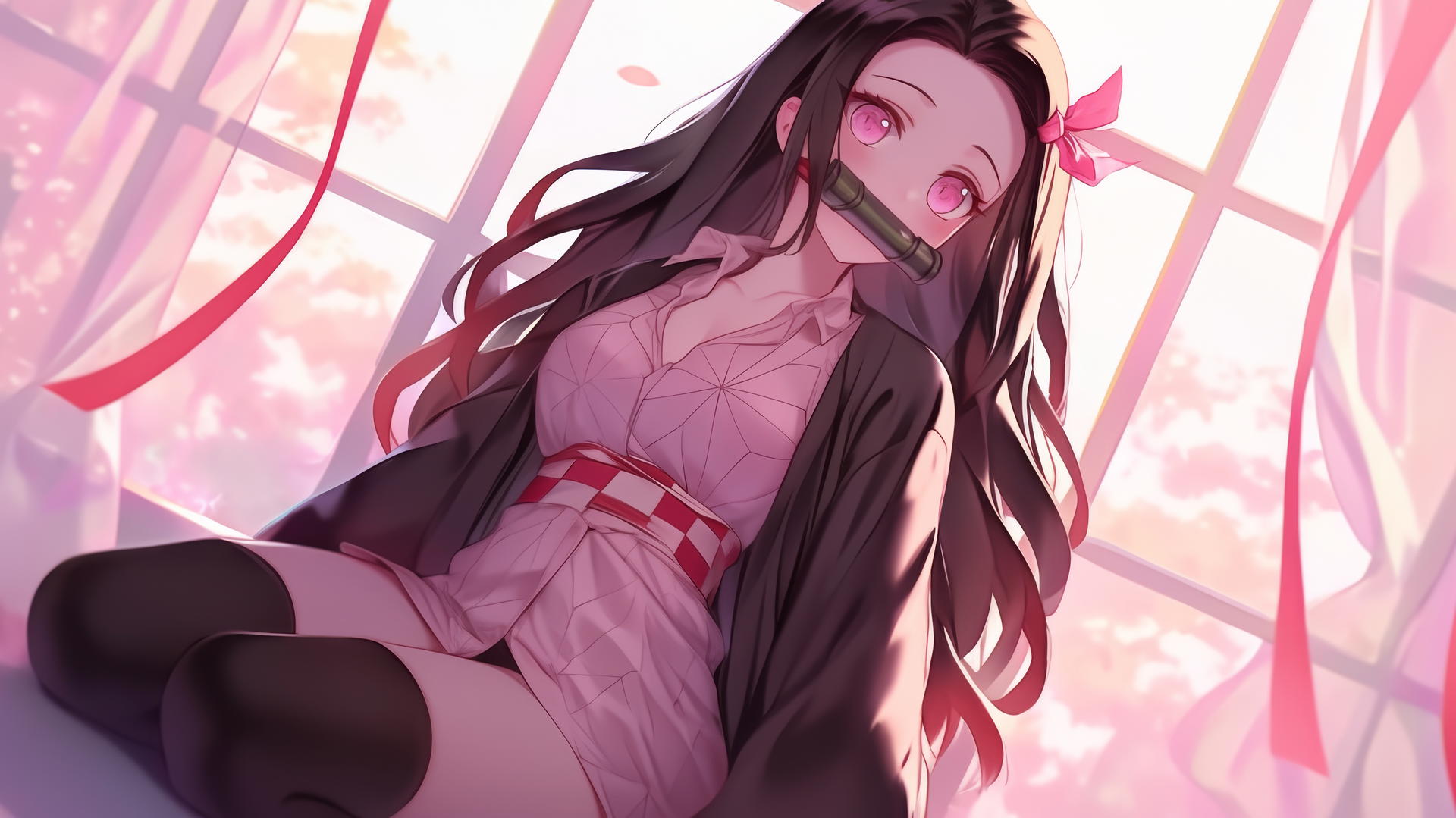 nezuko from Demon Slayer in office shirt, kneeling in a modern hotel room, warm light