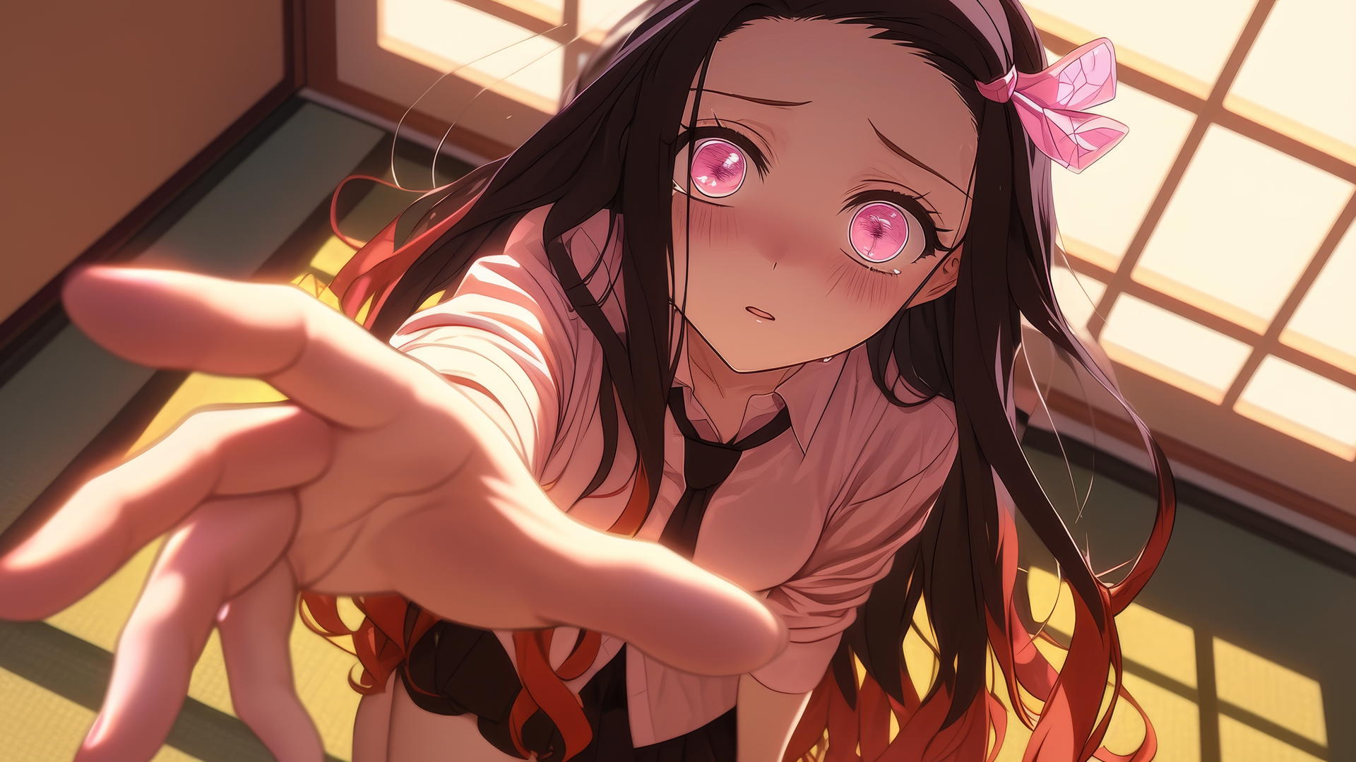 Nezuko from Demon Slayer kneeling in office shirt in modern hotel room