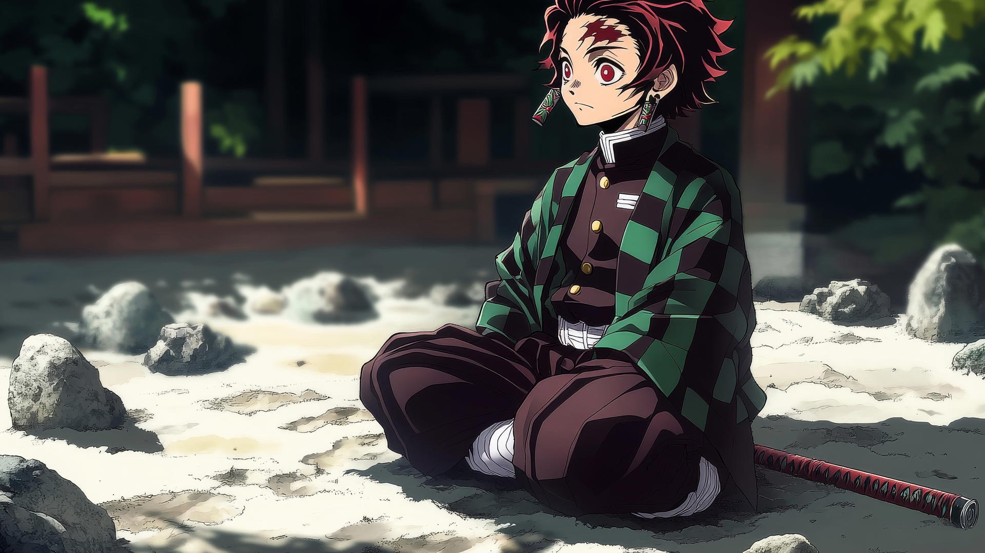 demon slayer tanjiro wallpaper 4k with Tanjiro sitting calmly in a Zen rock garden
