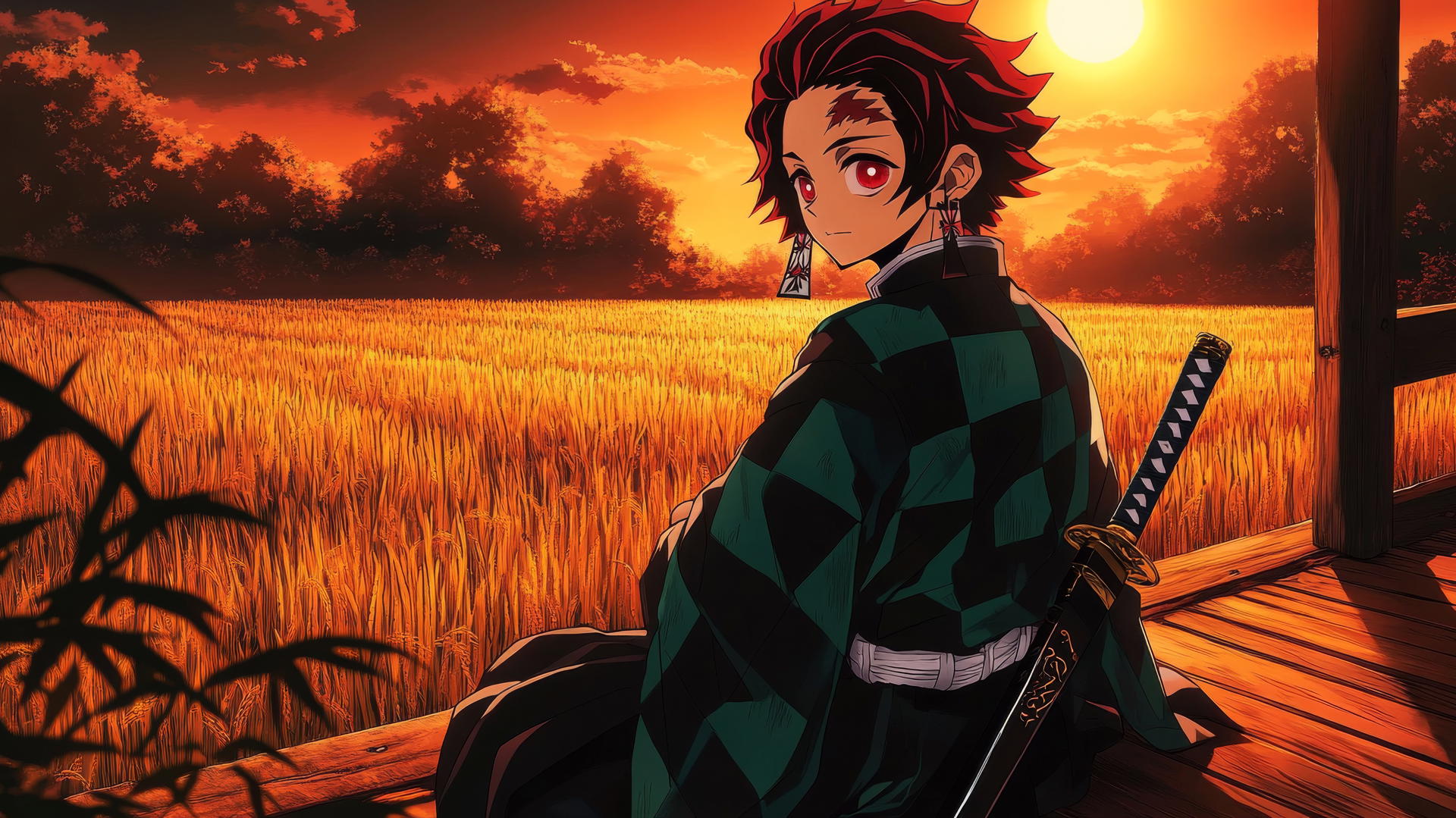 demon slayer tanjiro wallpaper 4k, Tanjiro resting on a wooden porch at sunset.