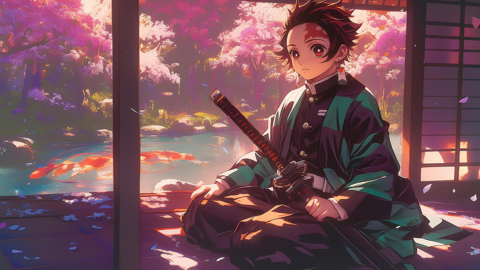 Demon Slayer Tanjiro wallpaper 4K featuring Tanjiro by a tea house with koi pond and cherry blossoms