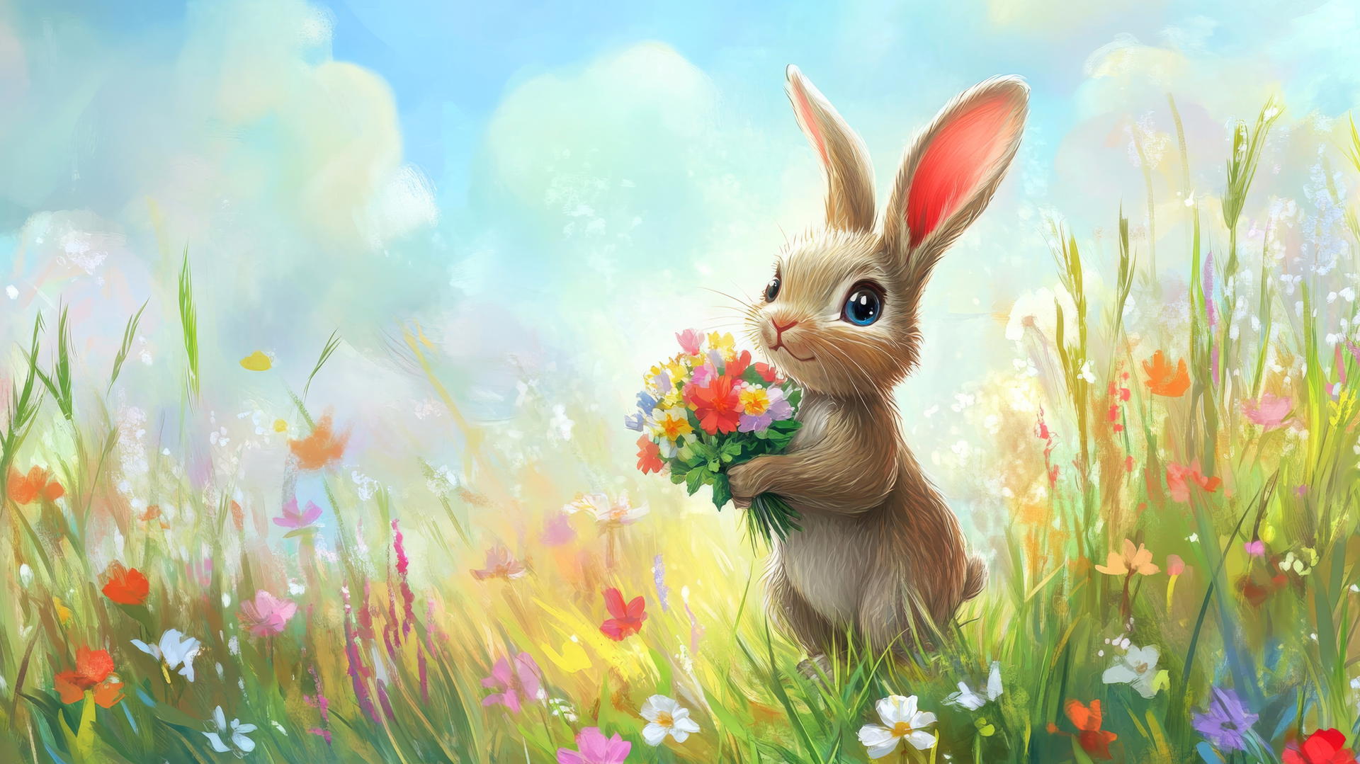 cute spring wallpaper with a bunny holding a bouquet of flowers in a colorful meadow