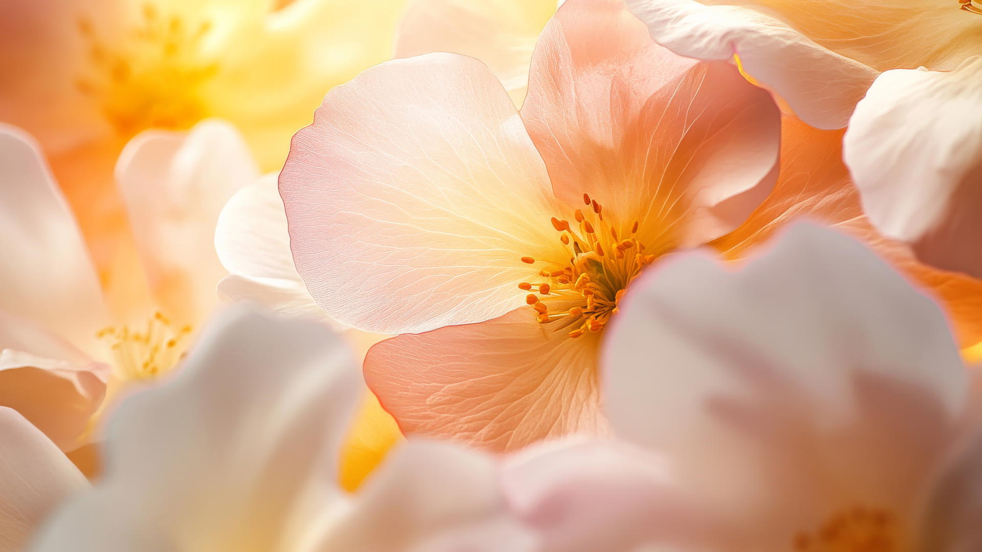 spring flowers wallpaper with pink, yellow, and white petals in golden light