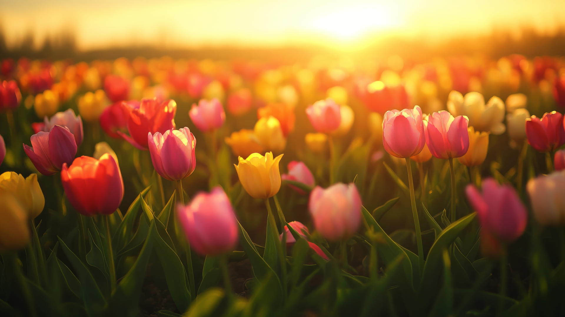 spring flowers wallpaper with a field of tulips in full bloom under warm sunlight