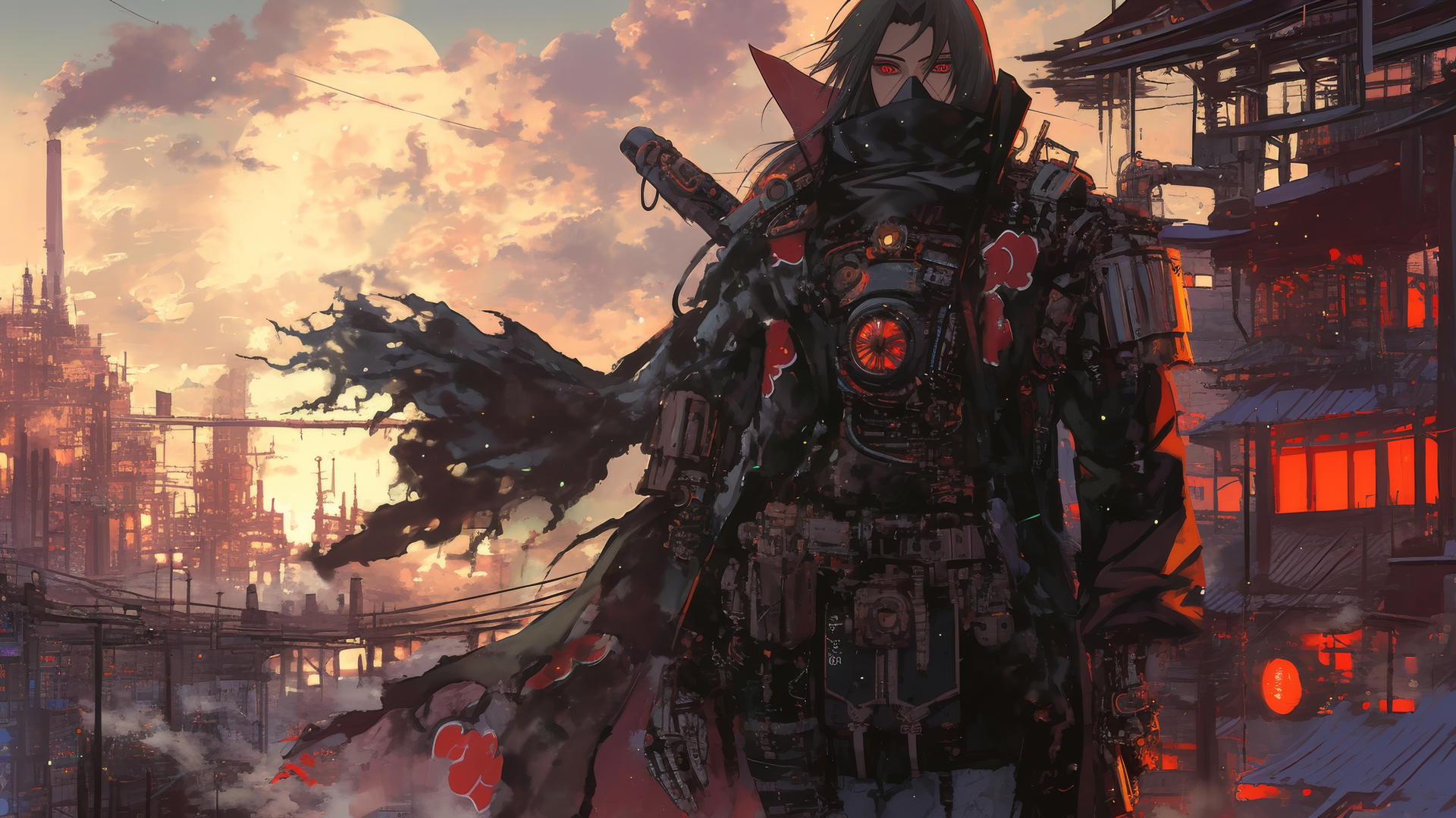 Itachi Uchiha in a steampunk-themed mechanical outfit with gears and pipes