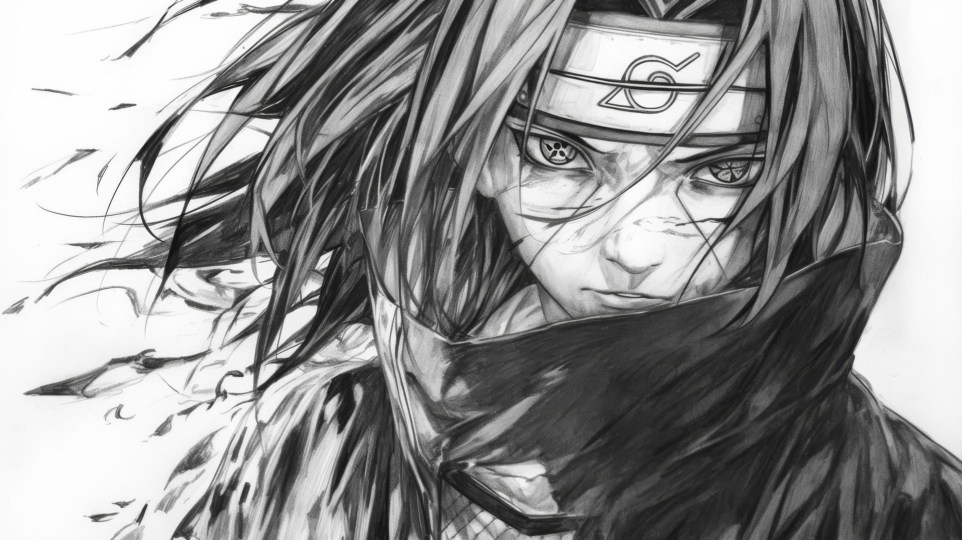 itachi uchiha drawing, serious and intense expression, intricate shading