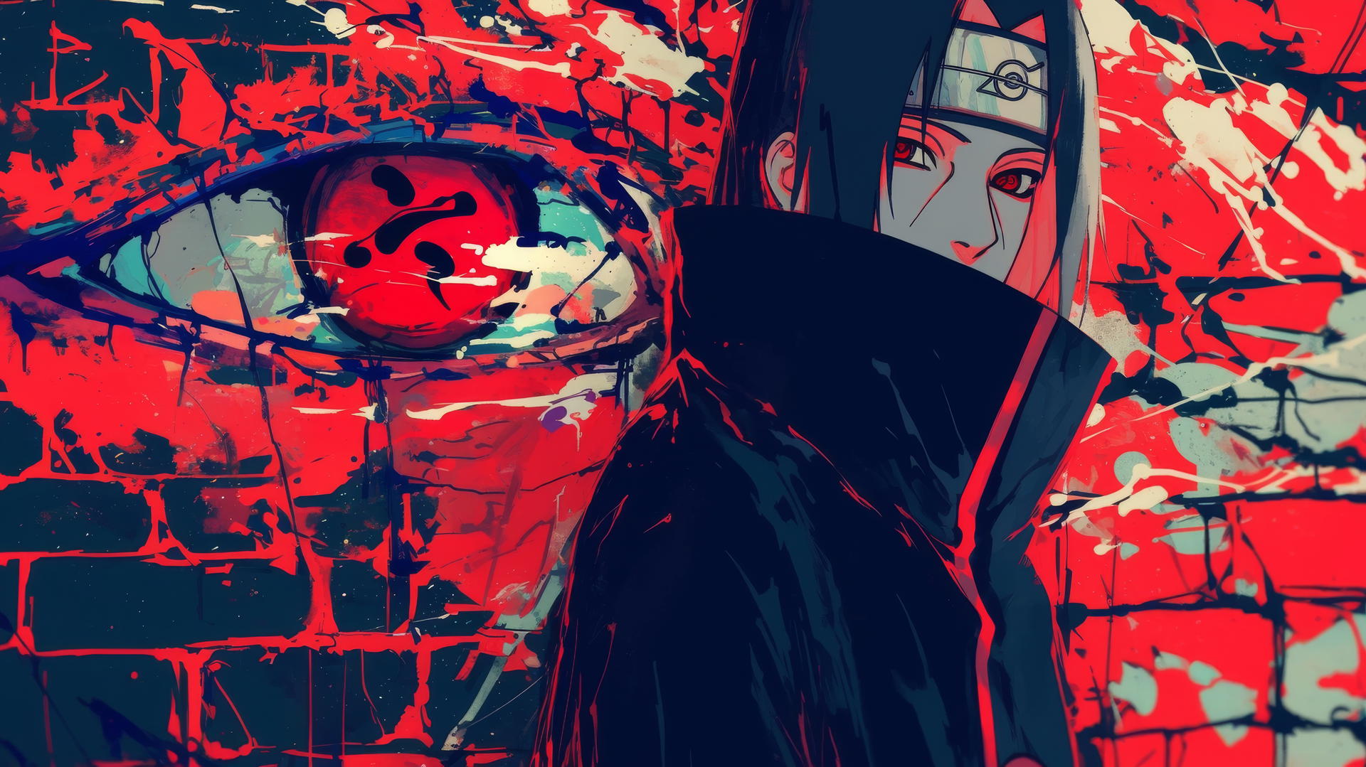 Graffiti-style Itachi Uchiha drawing with bold colors and exaggerated proportions